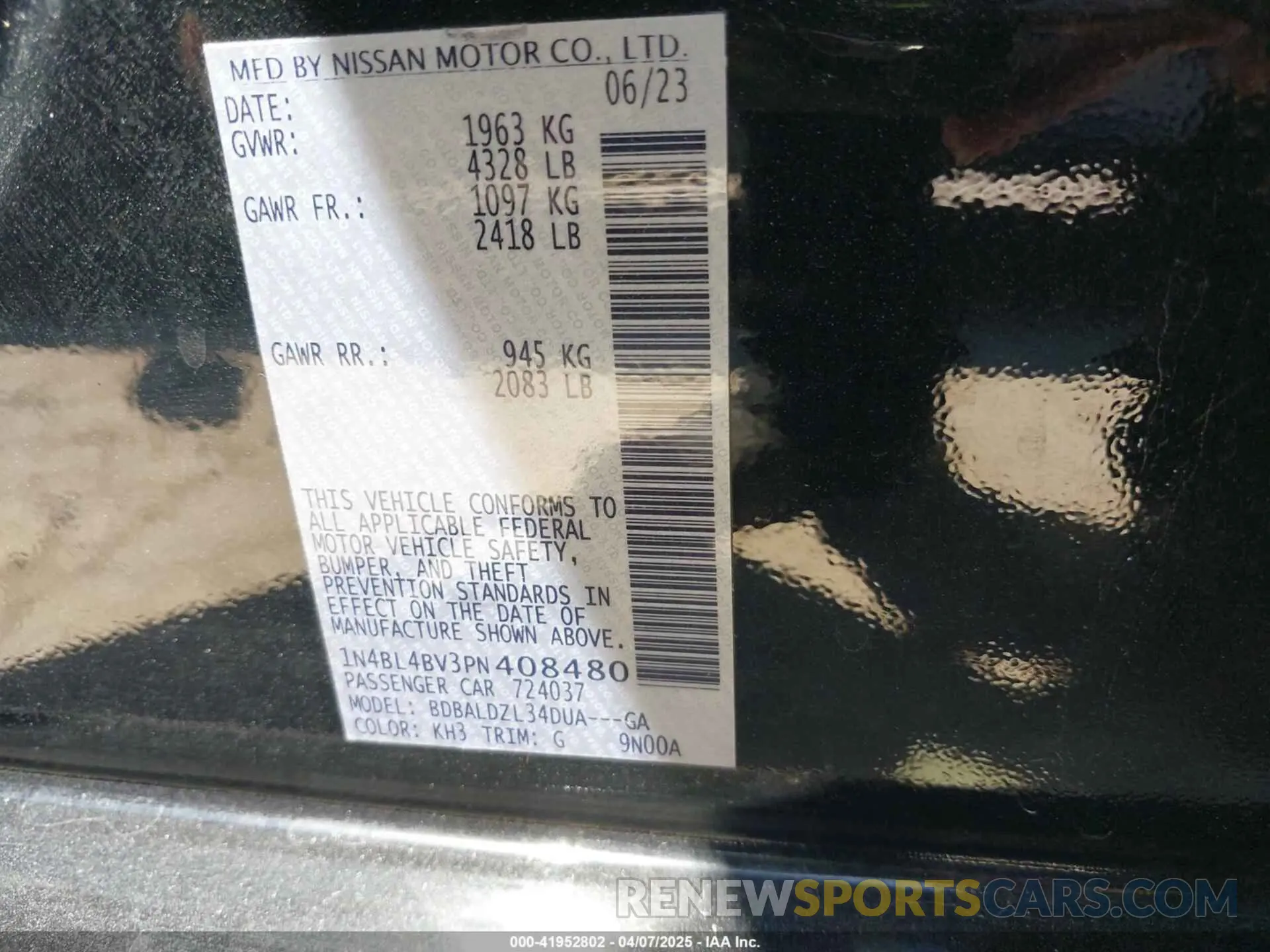 9 Photograph of a damaged car 1N4BL4BV3PN408480 NISSAN ALTIMA 2023