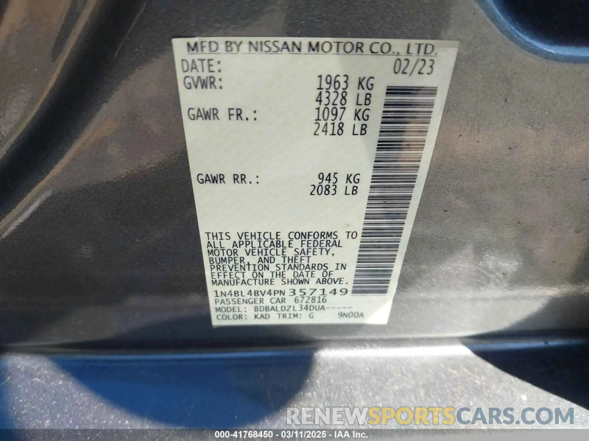 9 Photograph of a damaged car 1N4BL4BV4PN357149 NISSAN ALTIMA 2023