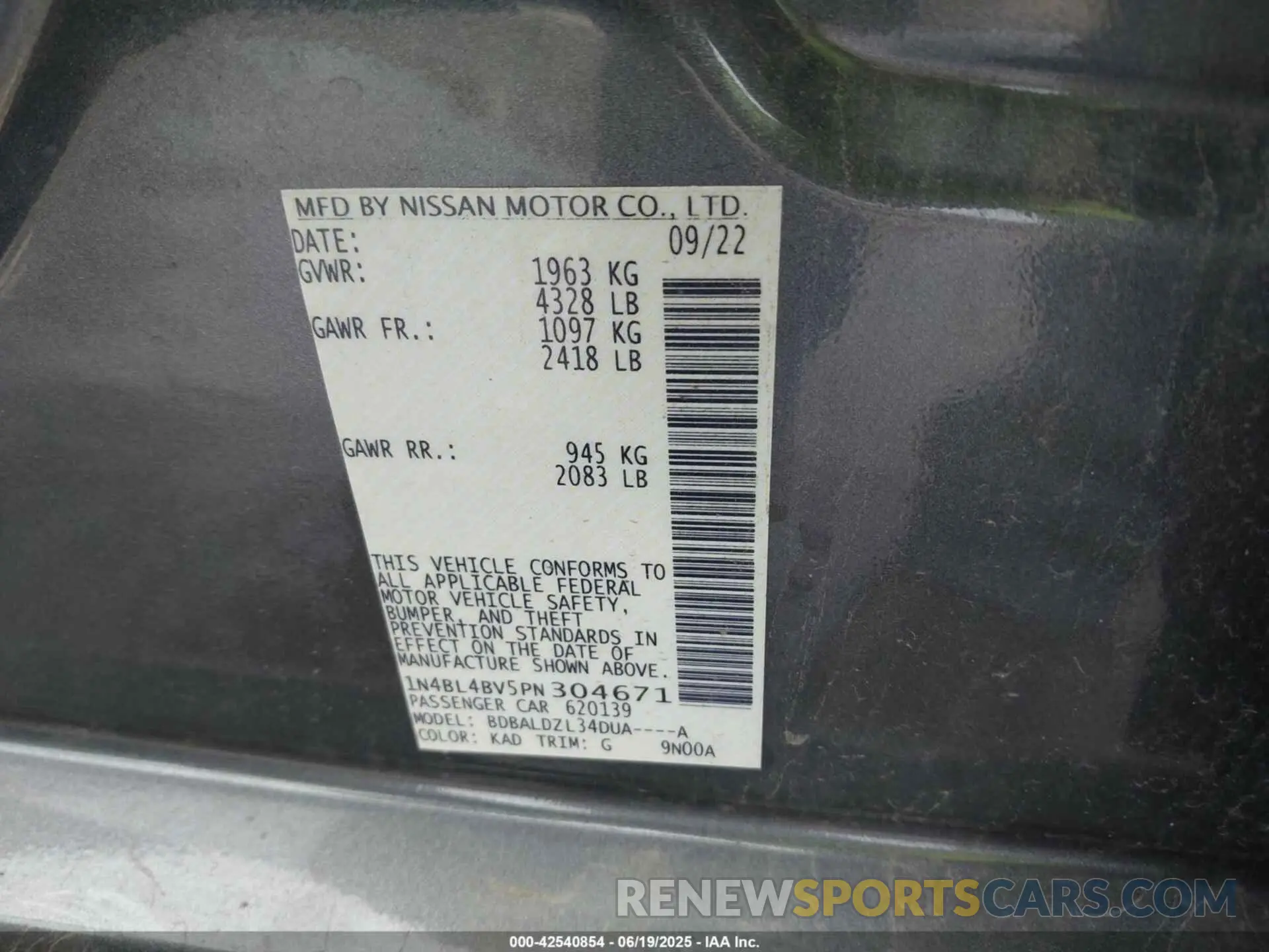 9 Photograph of a damaged car 1N4BL4BV5PN304671 NISSAN ALTIMA 2023