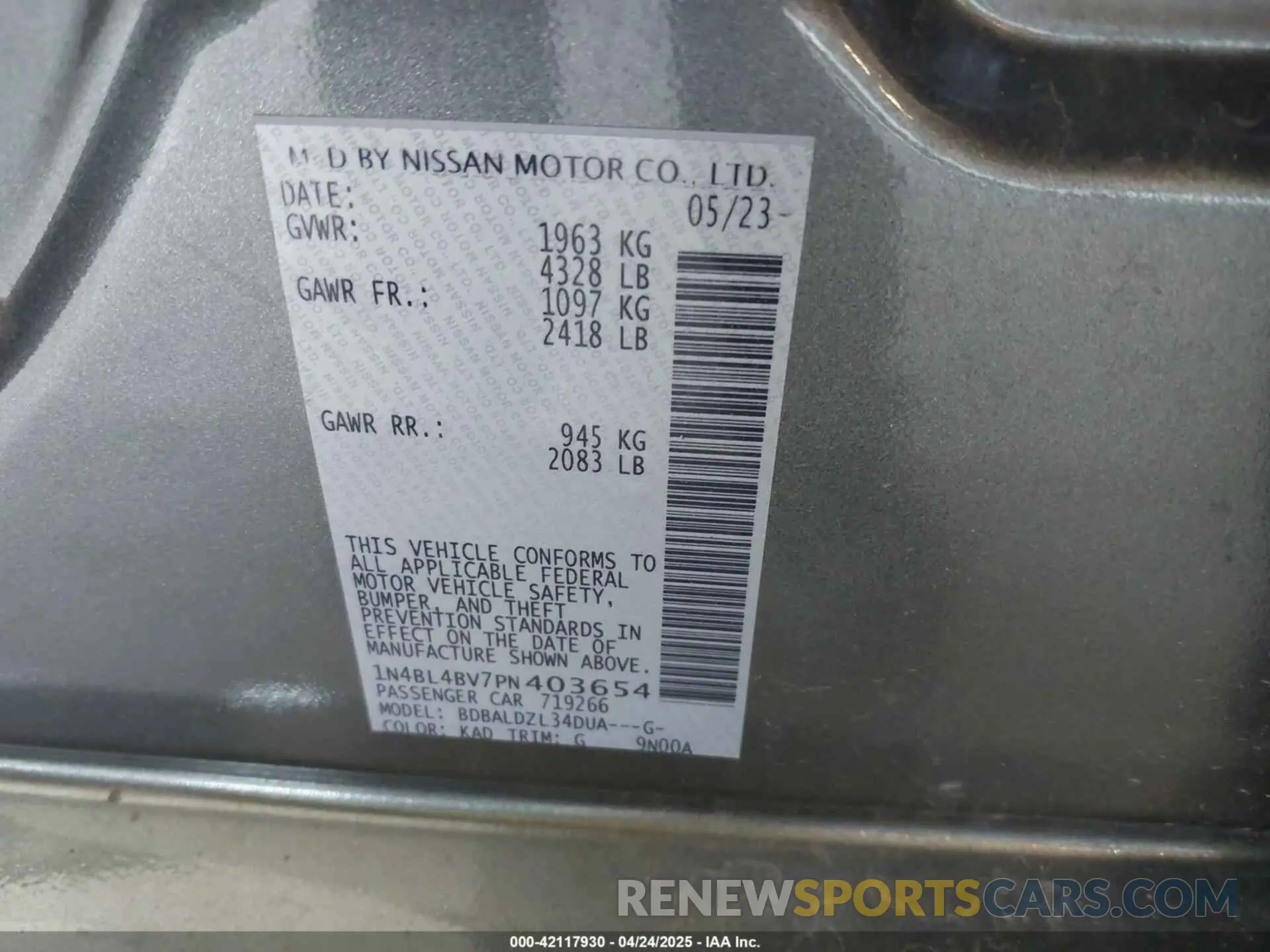 9 Photograph of a damaged car 1N4BL4BV7PN403654 NISSAN ALTIMA 2023