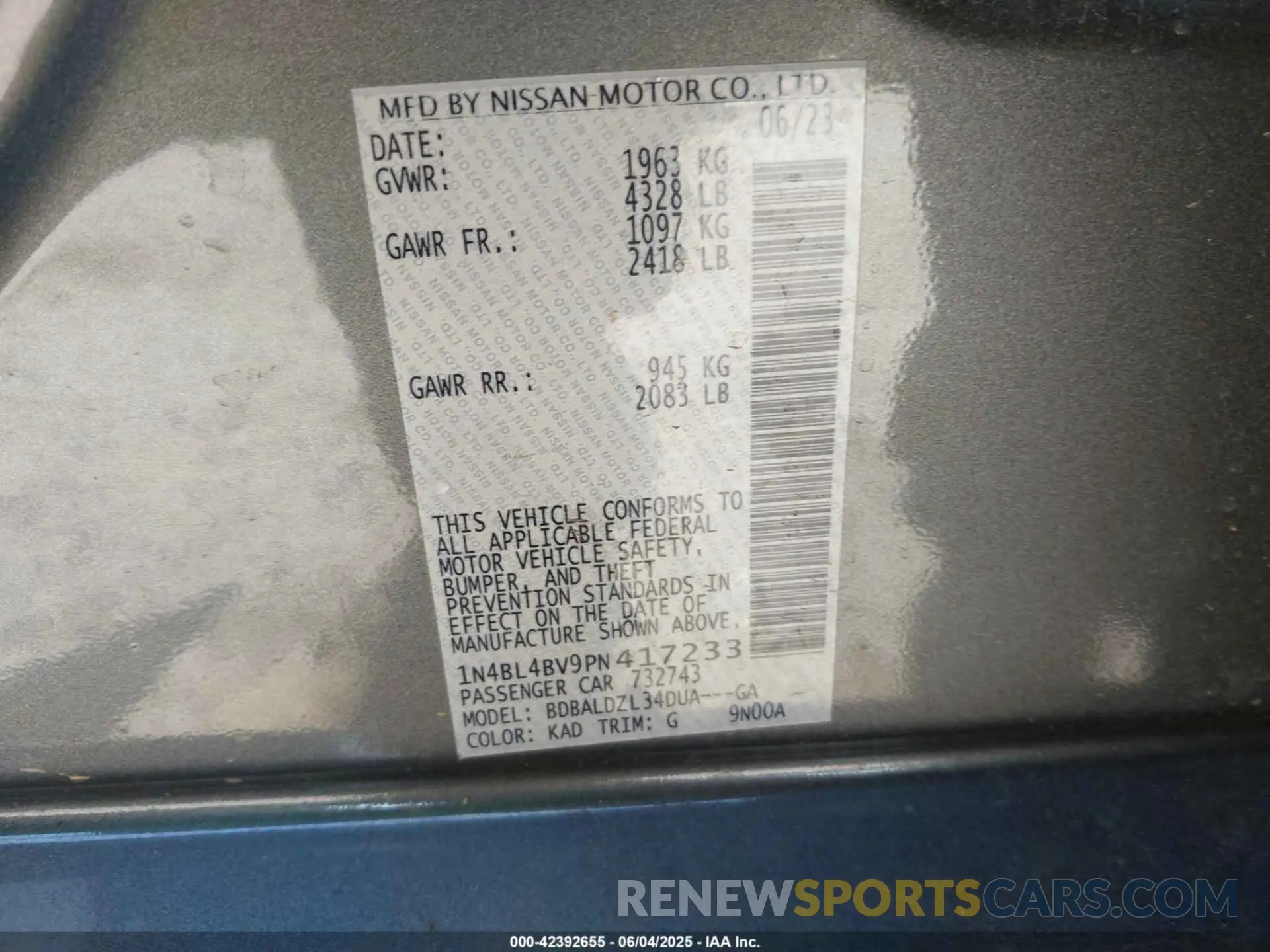 9 Photograph of a damaged car 1N4BL4BV9PN417233 NISSAN ALTIMA 2023