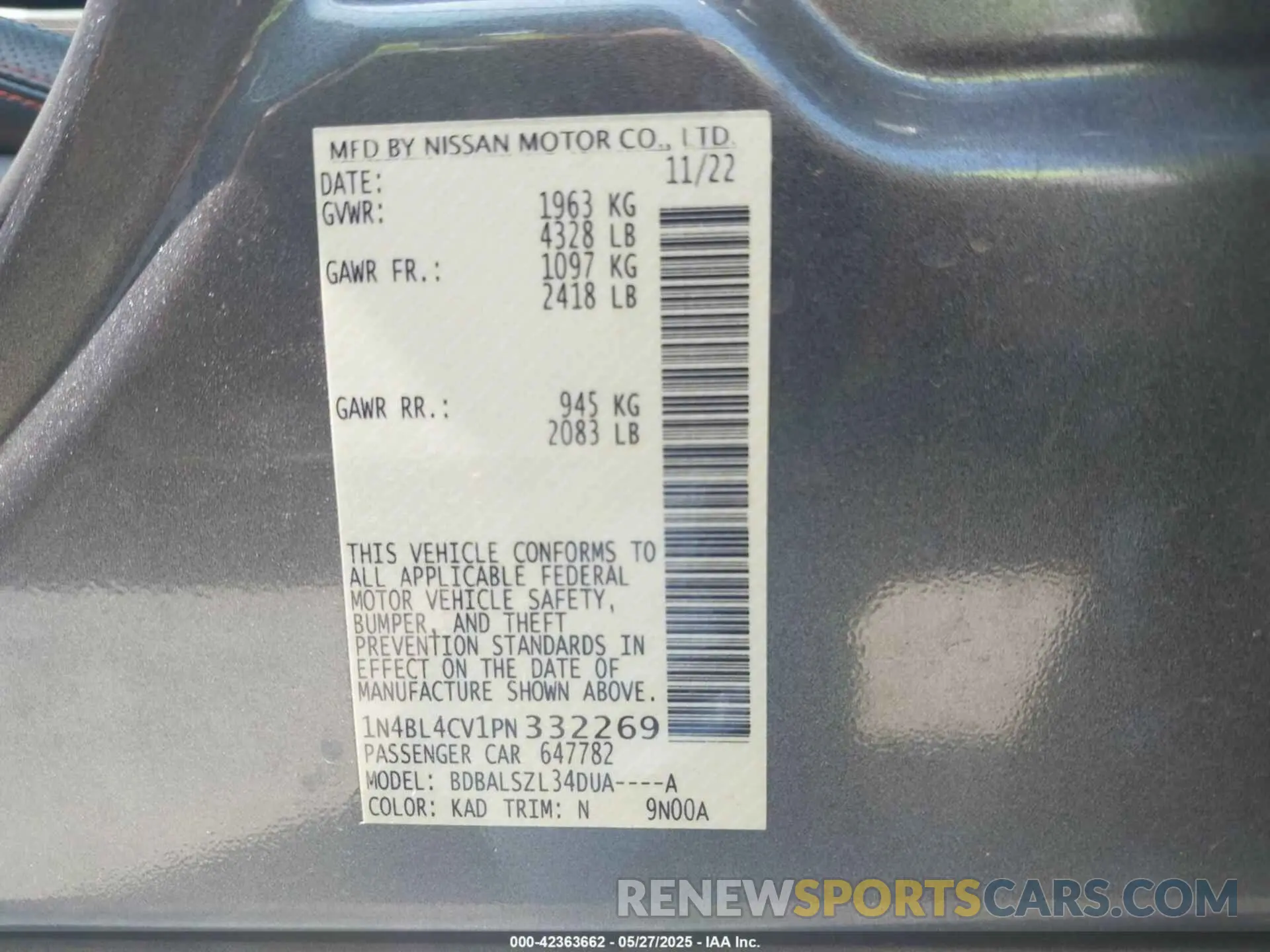 9 Photograph of a damaged car 1N4BL4CV1PN332269 NISSAN ALTIMA 2023