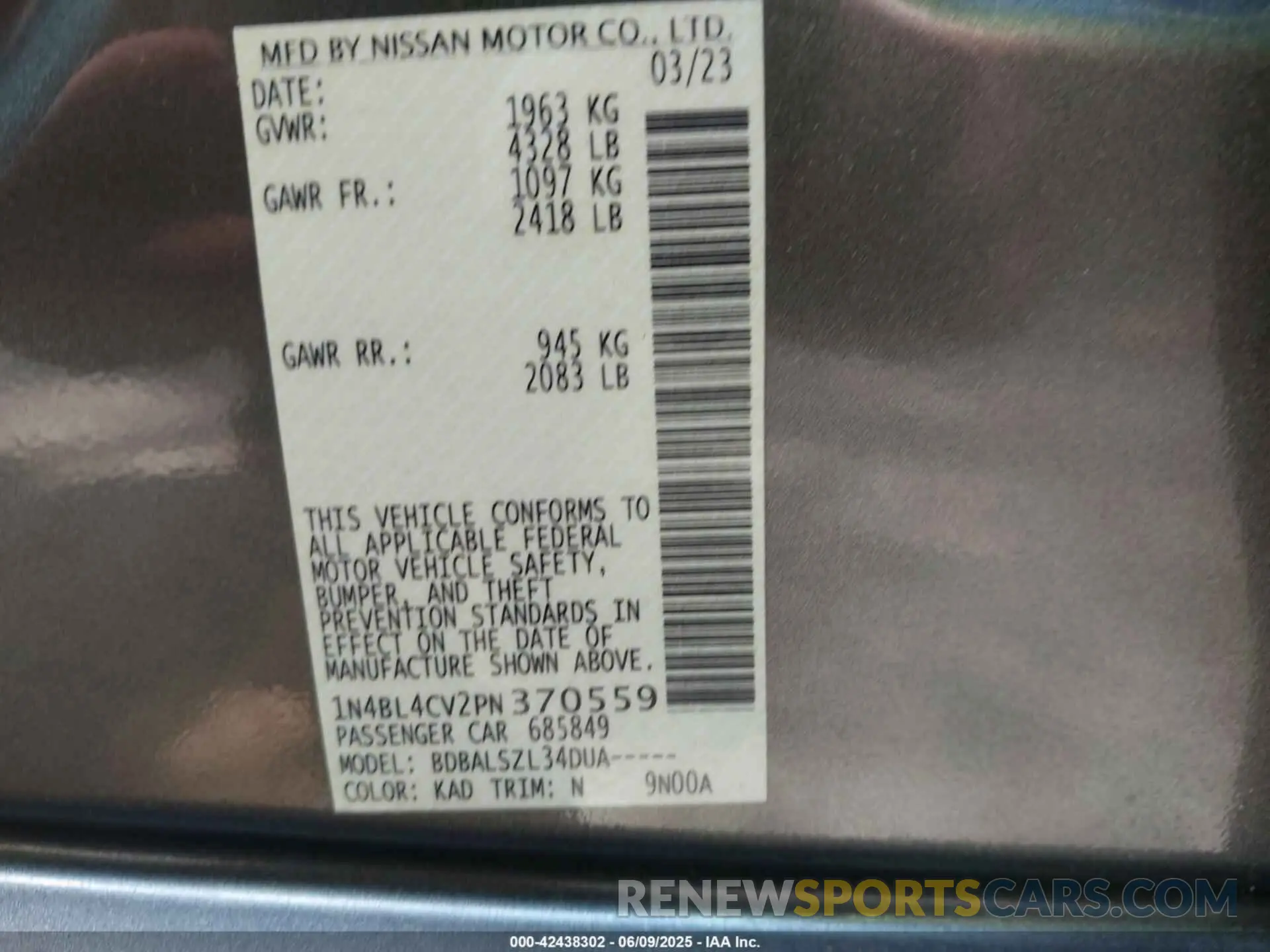 9 Photograph of a damaged car 1N4BL4CV2PN370559 NISSAN ALTIMA 2023