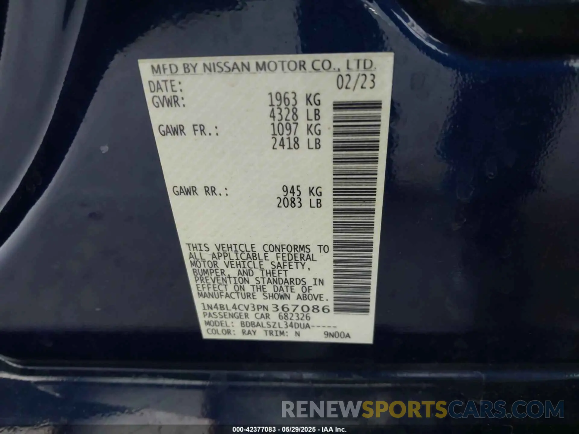 9 Photograph of a damaged car 1N4BL4CV3PN367086 NISSAN ALTIMA 2023