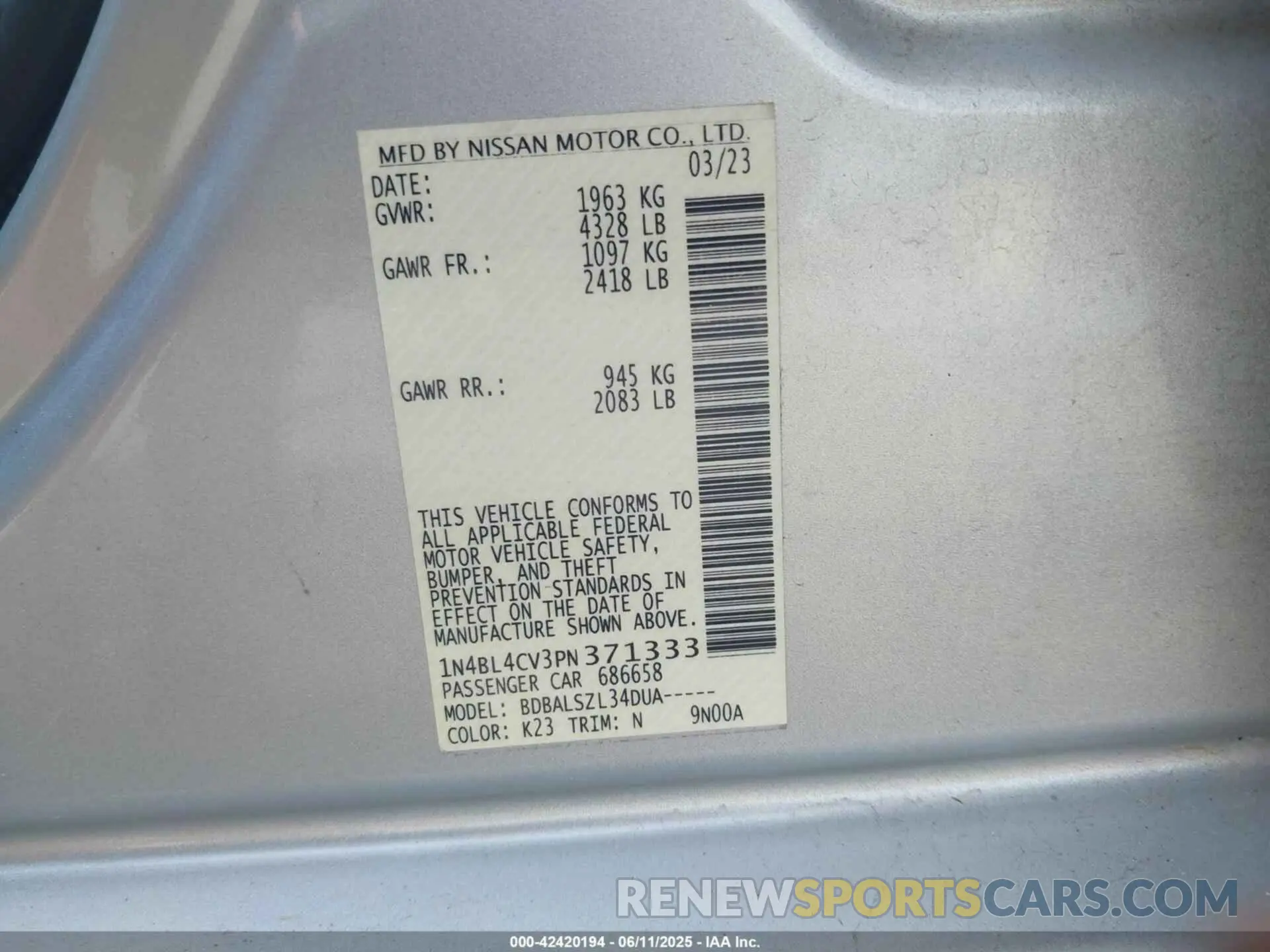 9 Photograph of a damaged car 1N4BL4CV3PN371333 NISSAN ALTIMA 2023