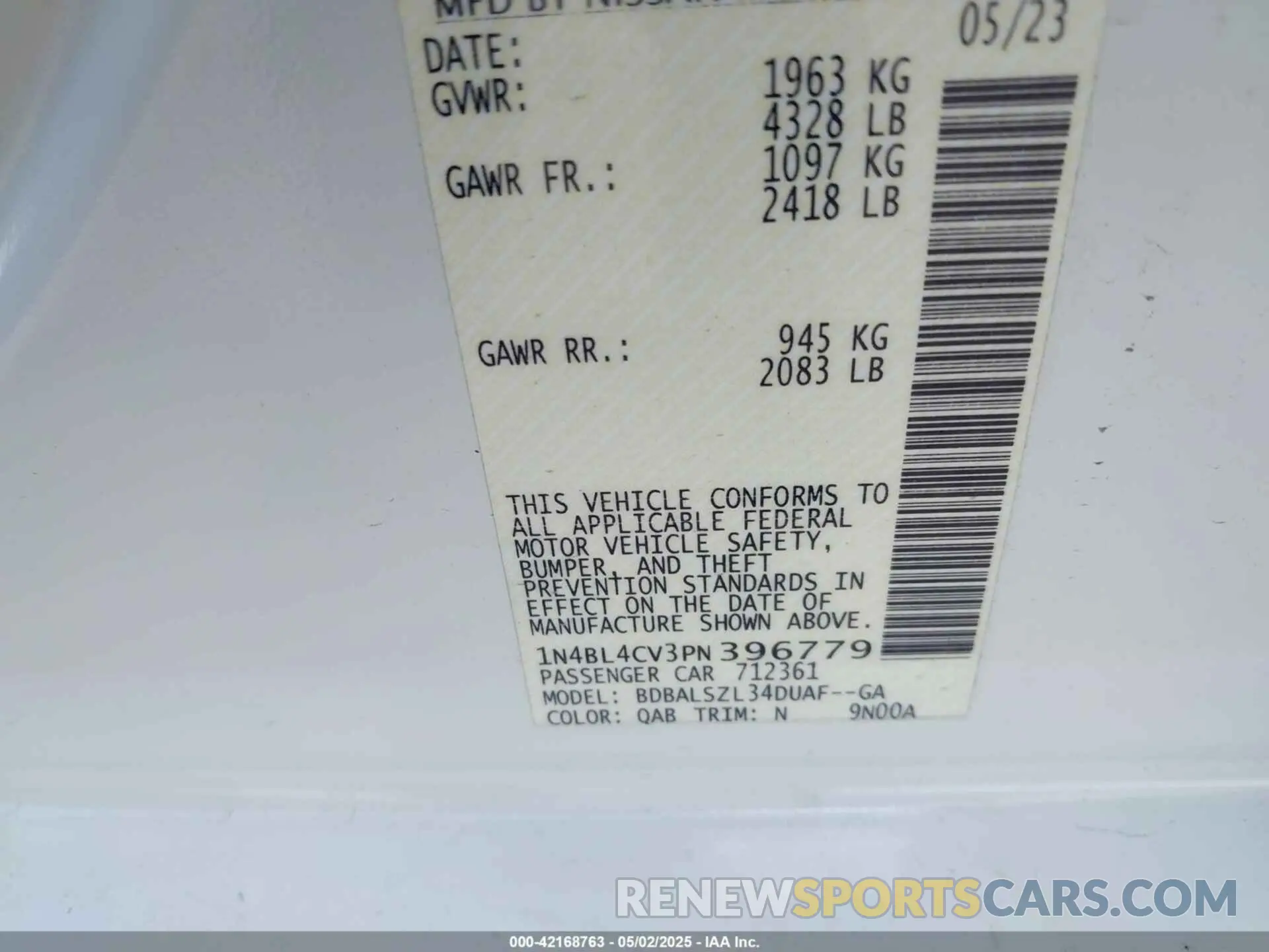 9 Photograph of a damaged car 1N4BL4CV3PN396779 NISSAN ALTIMA 2023