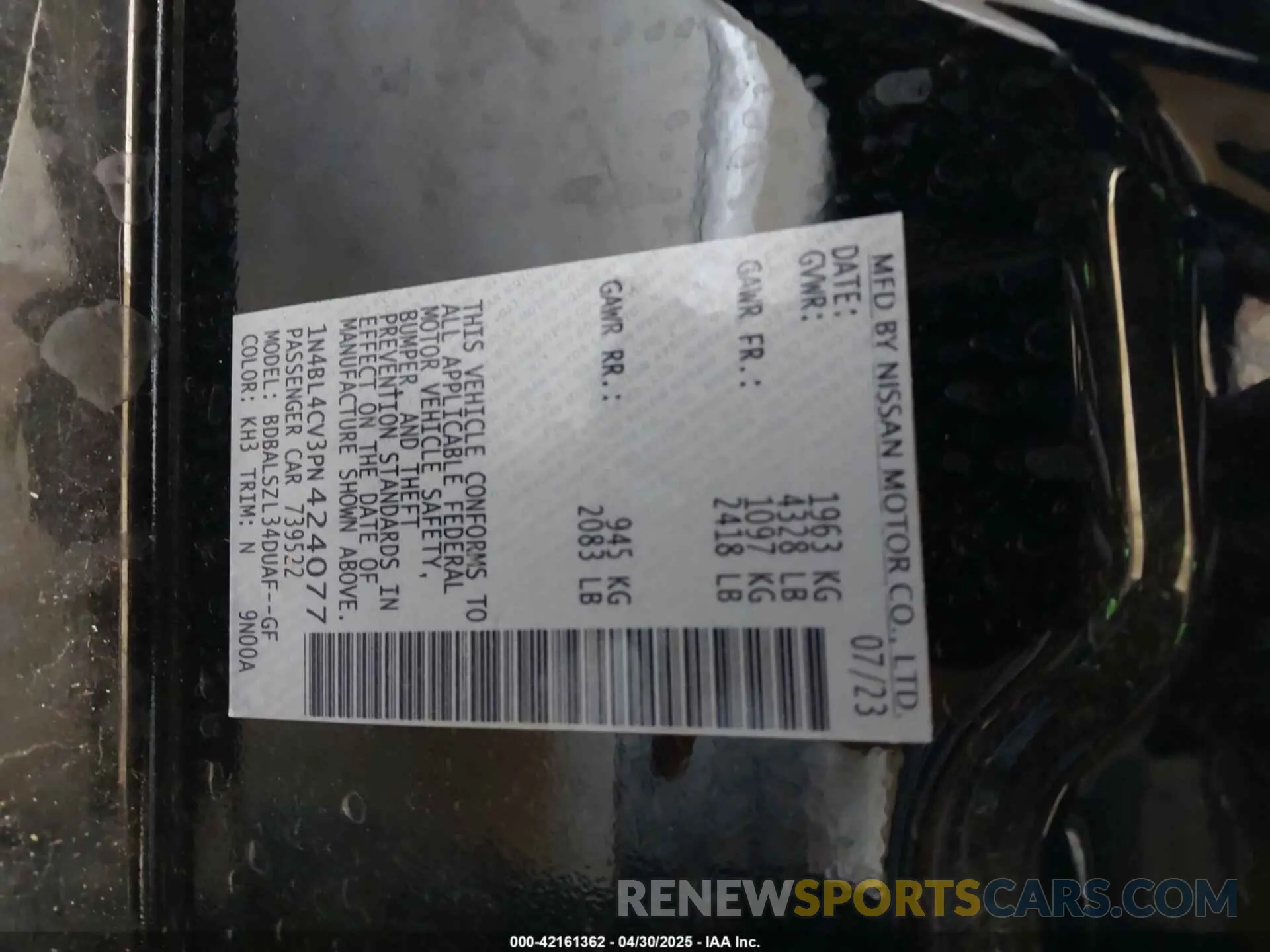 9 Photograph of a damaged car 1N4BL4CV3PN424077 NISSAN ALTIMA 2023