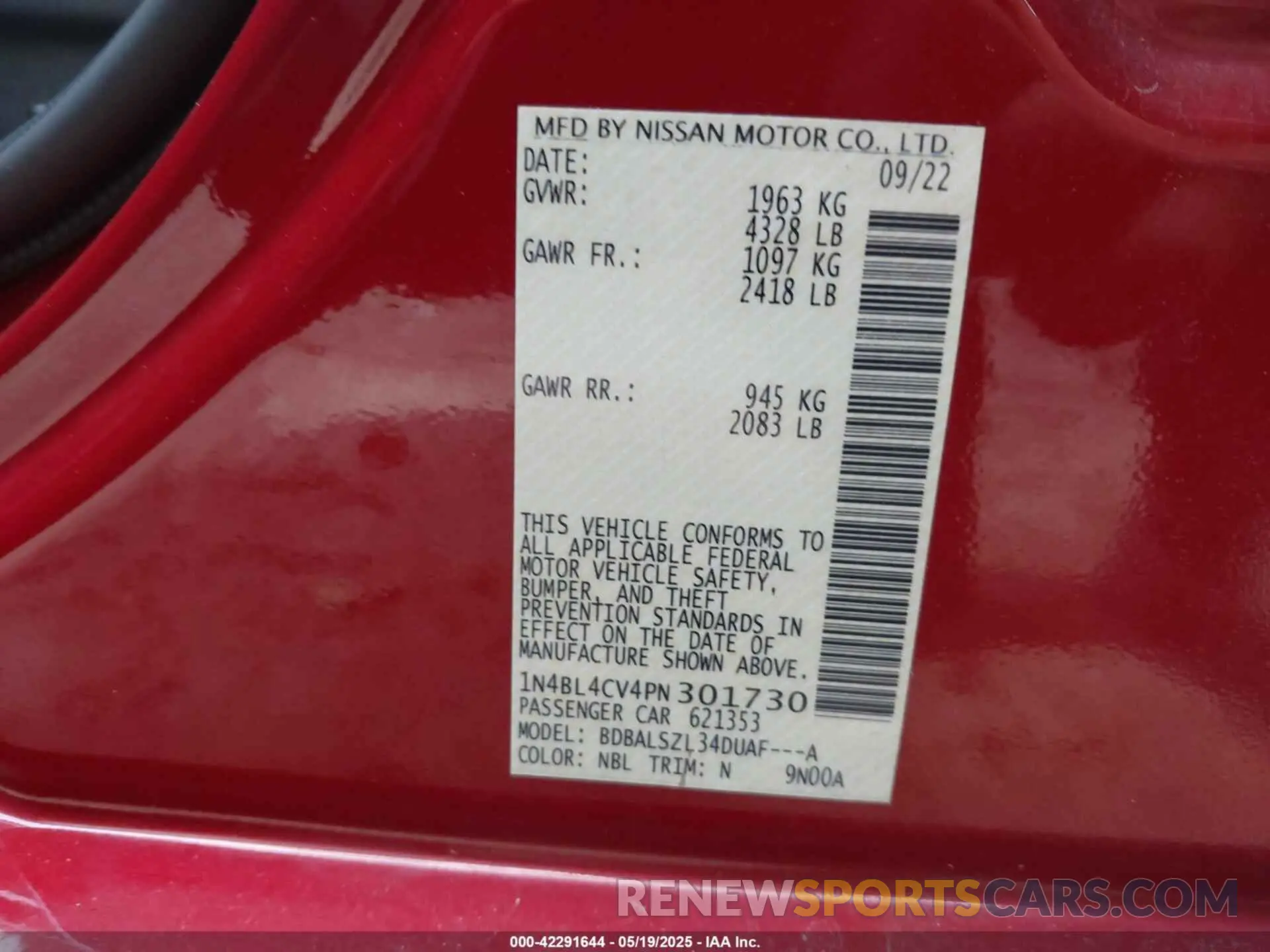 9 Photograph of a damaged car 1N4BL4CV4PN301730 NISSAN ALTIMA 2023