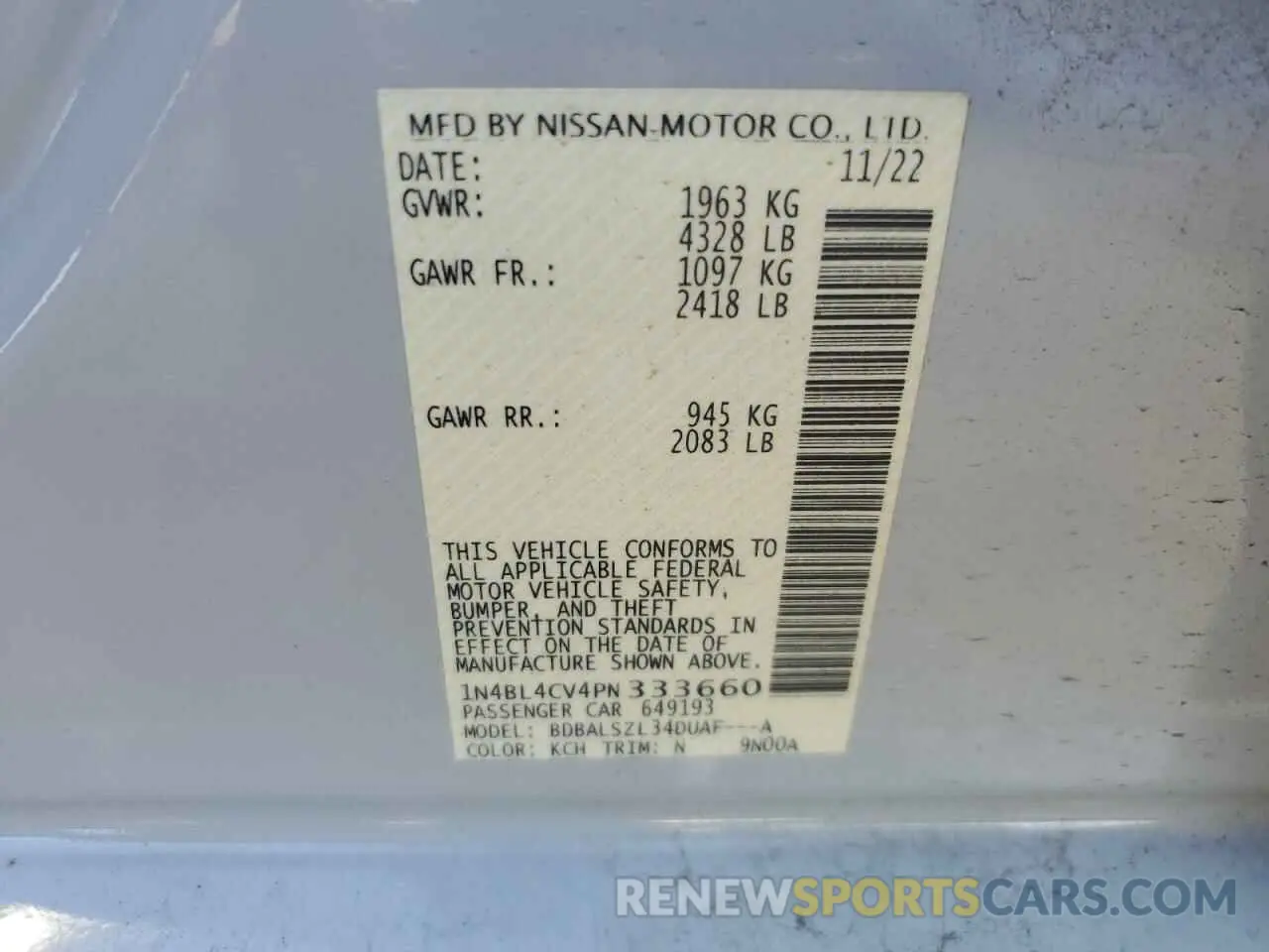 12 Photograph of a damaged car 1N4BL4CV4PN333660 NISSAN ALTIMA 2023