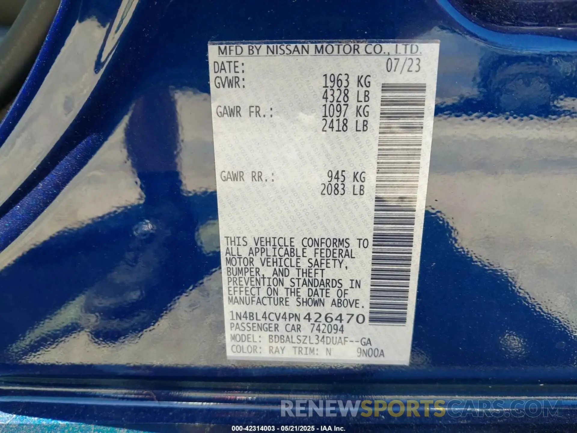 9 Photograph of a damaged car 1N4BL4CV4PN426470 NISSAN ALTIMA 2023