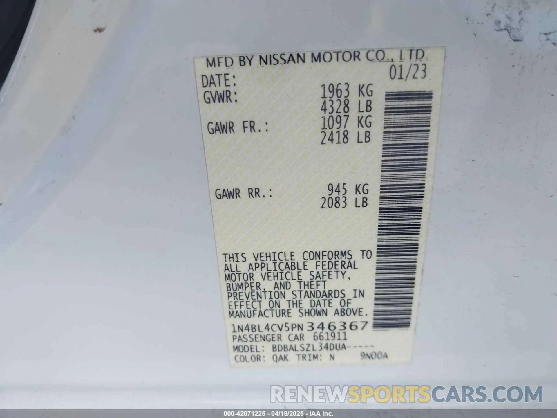 9 Photograph of a damaged car 1N4BL4CV5PN346367 NISSAN ALTIMA 2023