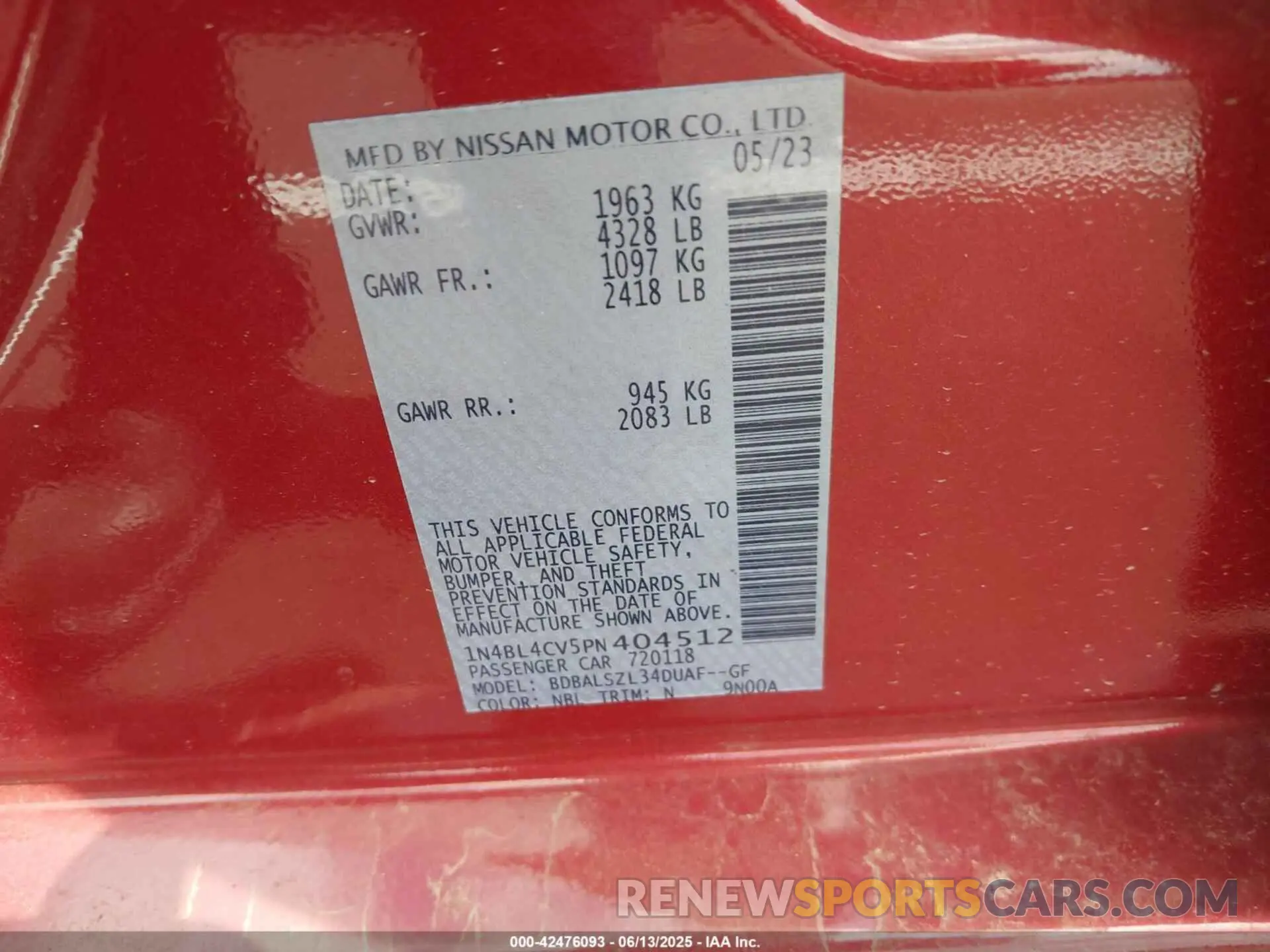 9 Photograph of a damaged car 1N4BL4CV5PN404512 NISSAN ALTIMA 2023