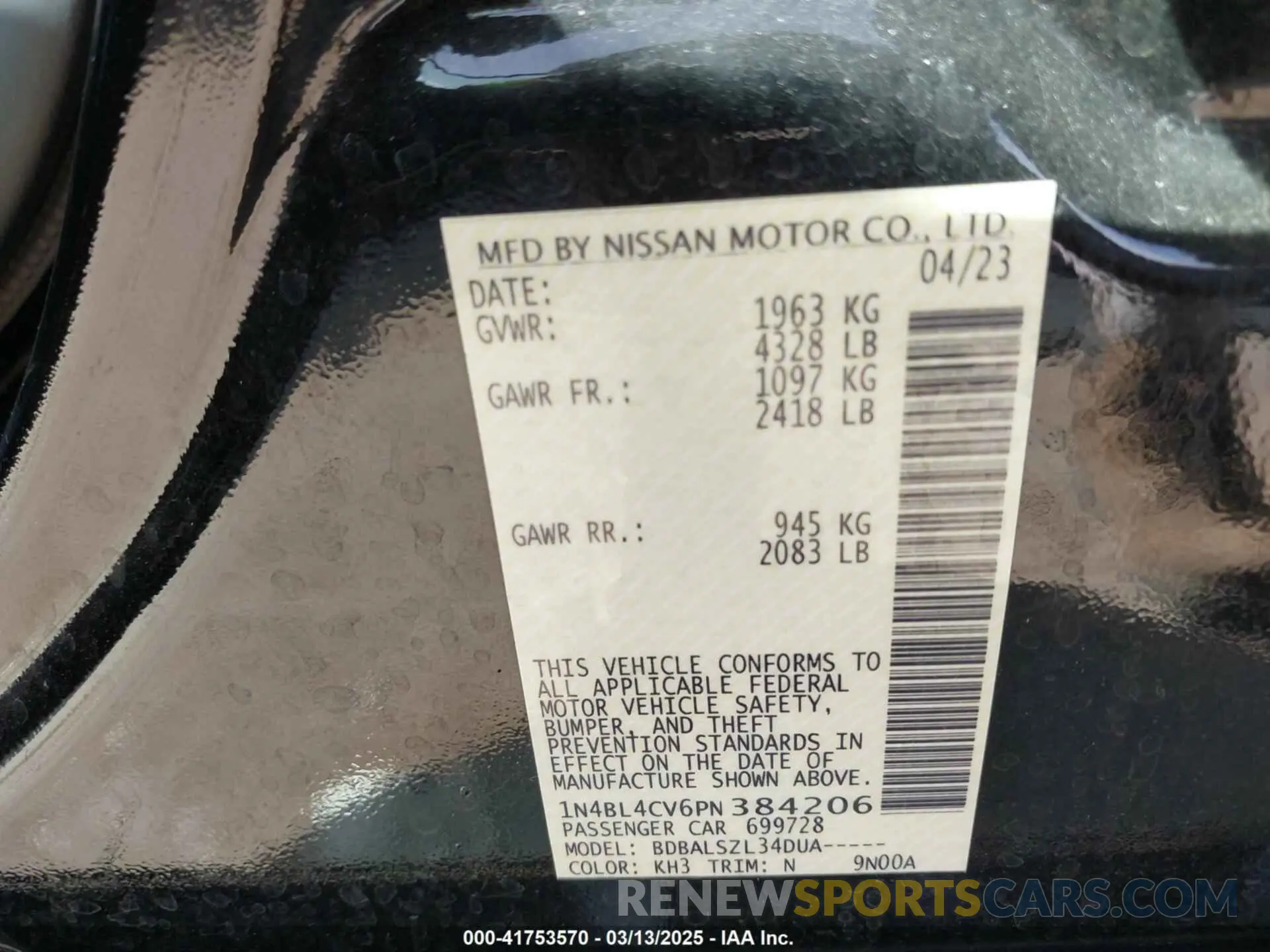 9 Photograph of a damaged car 1N4BL4CV6PN384206 NISSAN ALTIMA 2023