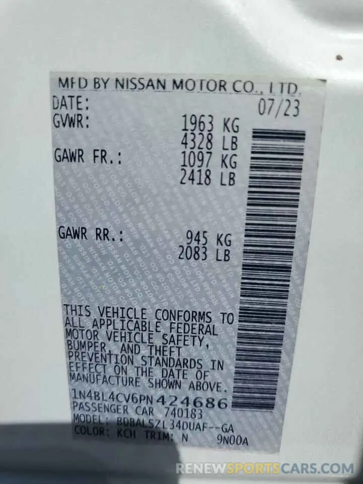 12 Photograph of a damaged car 1N4BL4CV6PN424686 NISSAN ALTIMA 2023