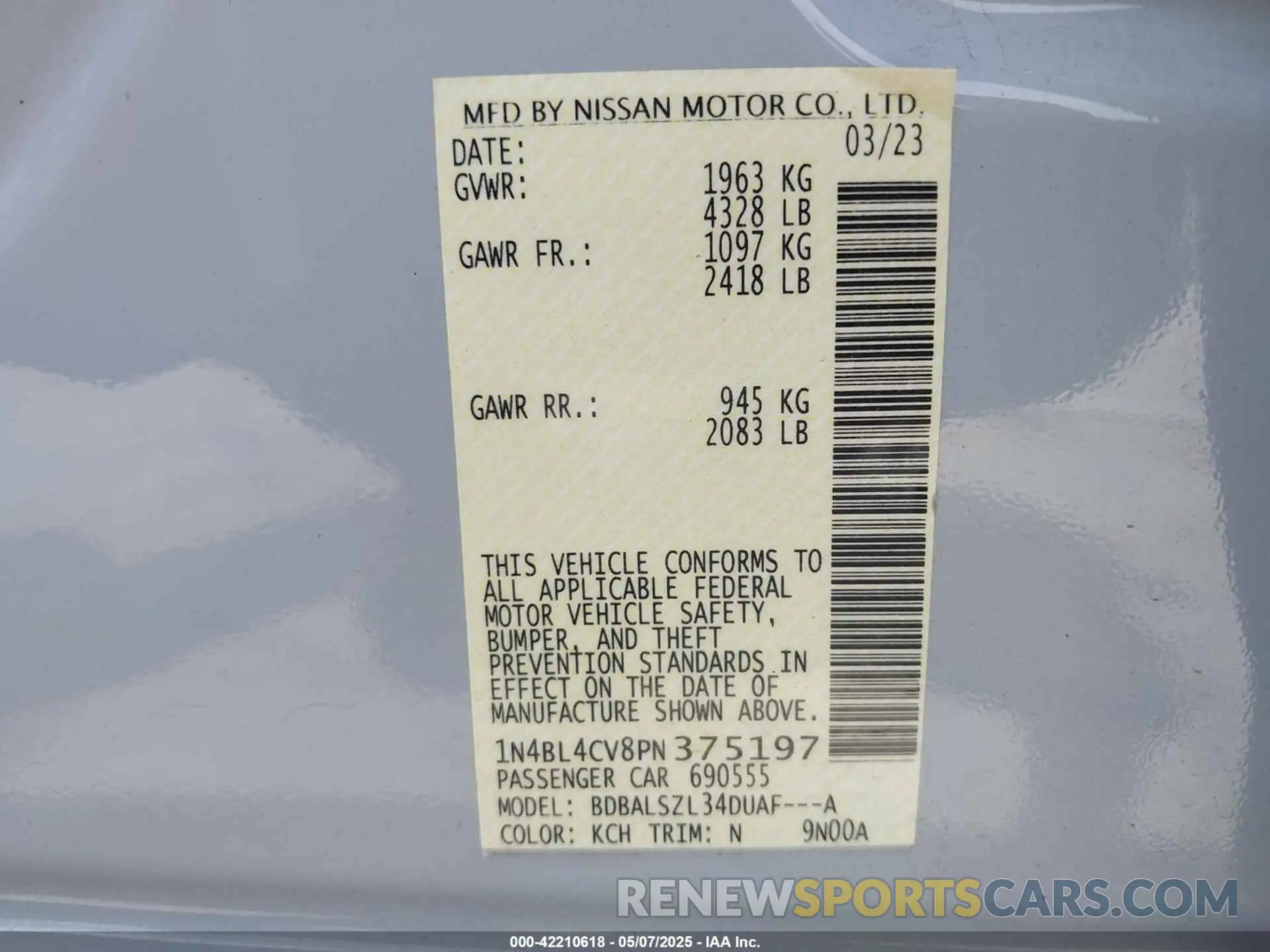 9 Photograph of a damaged car 1N4BL4CV8PN375197 NISSAN ALTIMA 2023