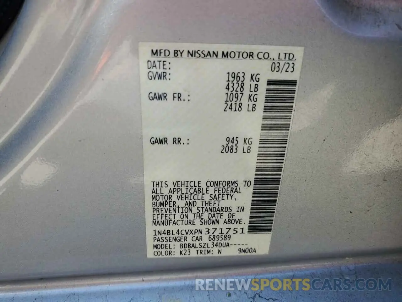 12 Photograph of a damaged car 1N4BL4CVXPN371751 NISSAN ALTIMA 2023