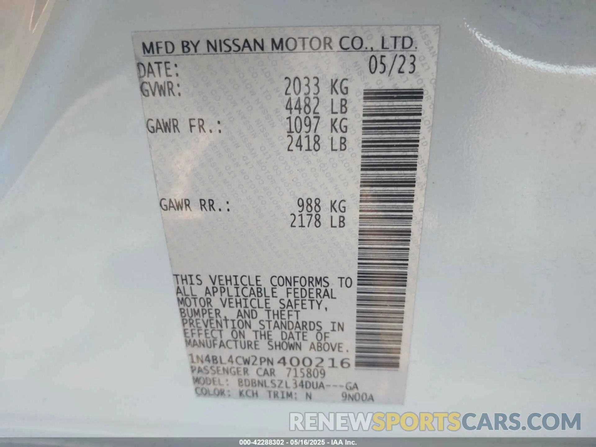 9 Photograph of a damaged car 1N4BL4CW2PN400216 NISSAN ALTIMA 2023