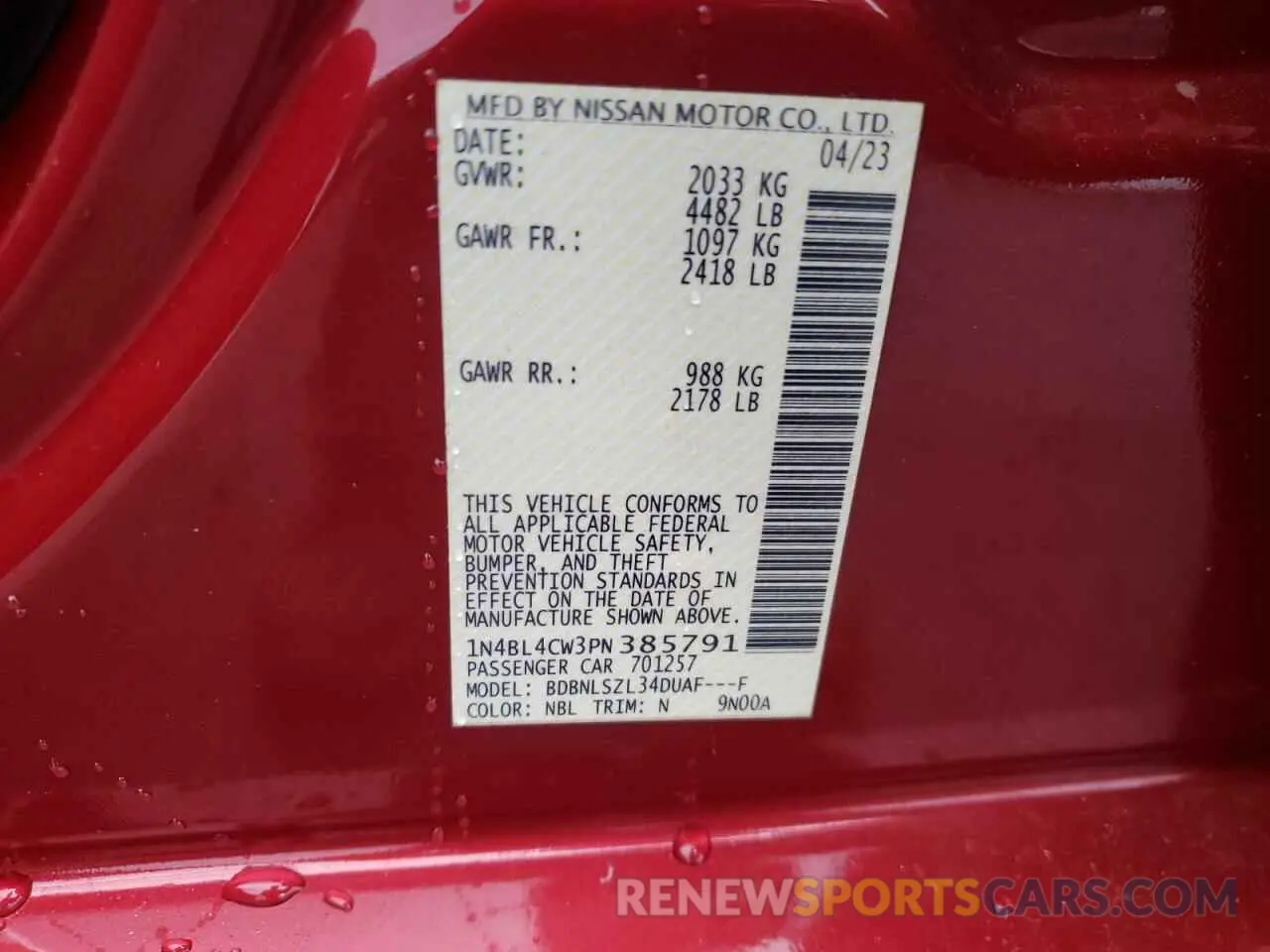 15 Photograph of a damaged car 1N4BL4CW3PN385791 NISSAN ALTIMA 2023