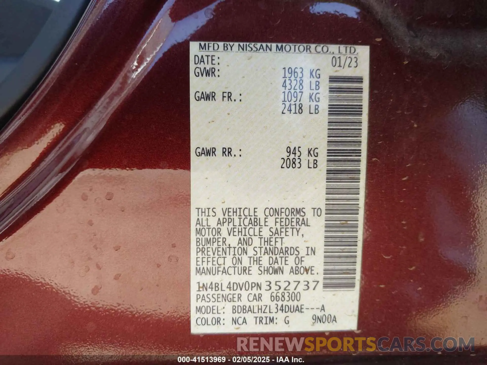 9 Photograph of a damaged car 1N4BL4DV0PN352737 NISSAN ALTIMA 2023
