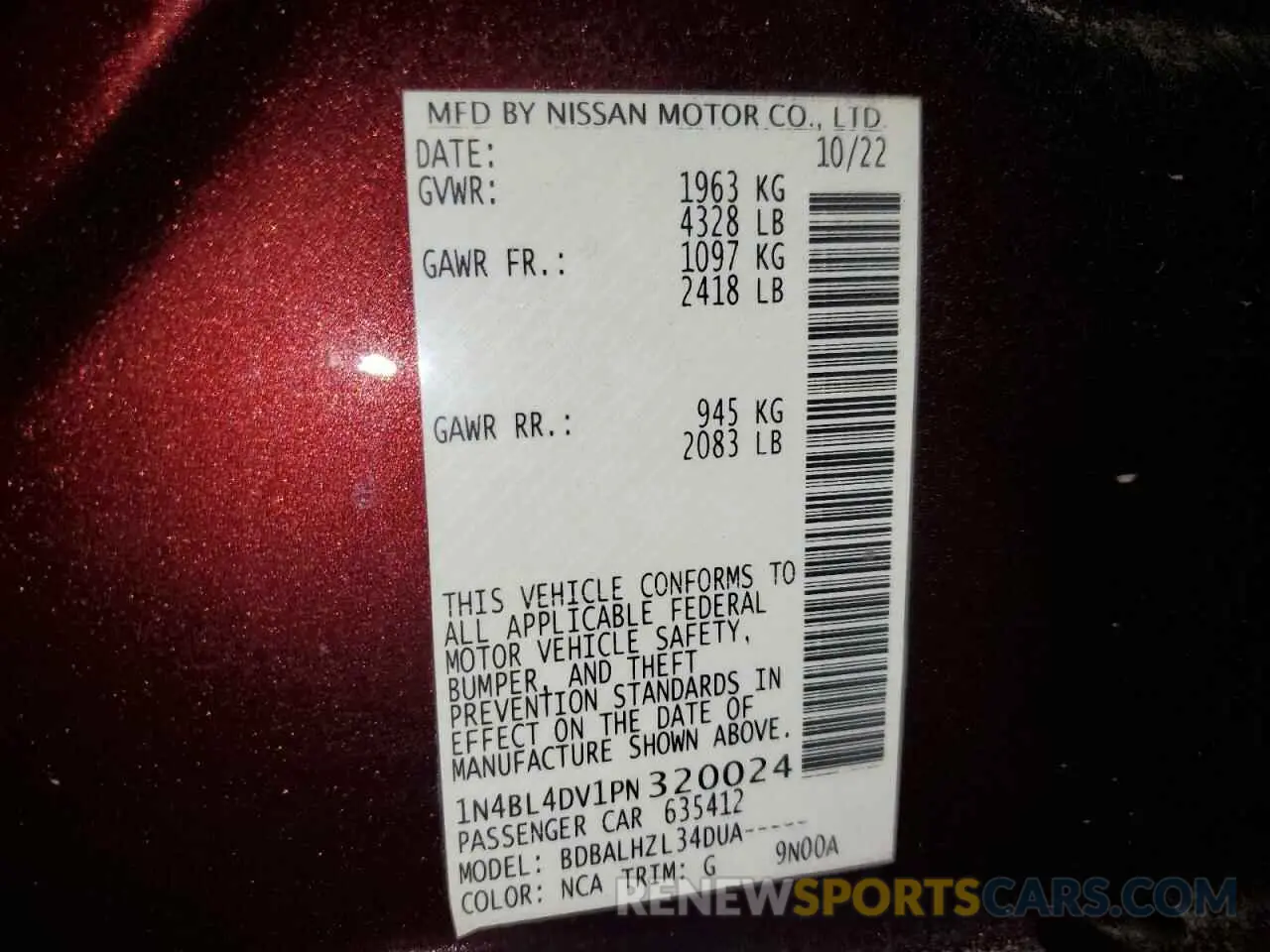 12 Photograph of a damaged car 1N4BL4DV1PN320024 NISSAN ALTIMA 2023