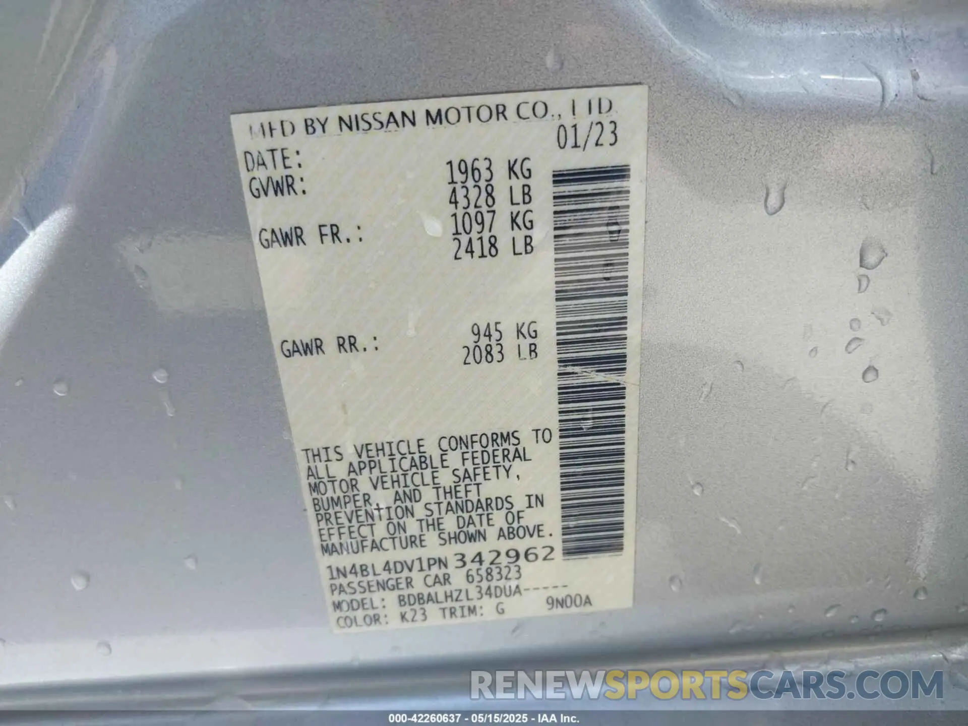 9 Photograph of a damaged car 1N4BL4DV1PN342962 NISSAN ALTIMA 2023