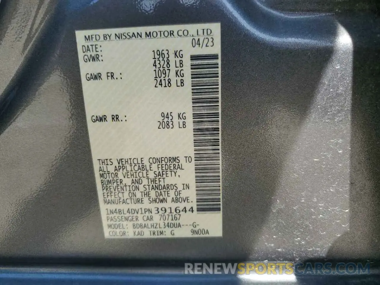 12 Photograph of a damaged car 1N4BL4DV1PN391644 NISSAN ALTIMA 2023