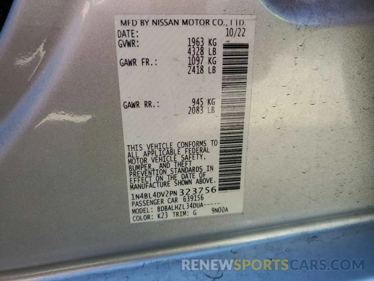 13 Photograph of a damaged car 1N4BL4DV2PN323756 NISSAN ALTIMA 2023