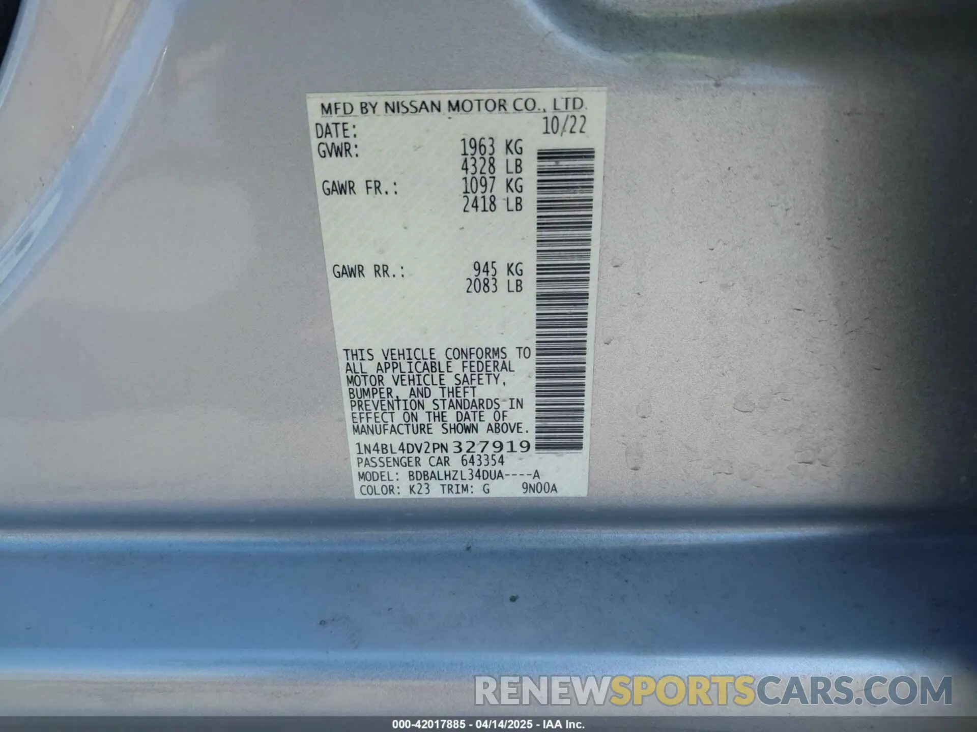 9 Photograph of a damaged car 1N4BL4DV2PN327919 NISSAN ALTIMA 2023