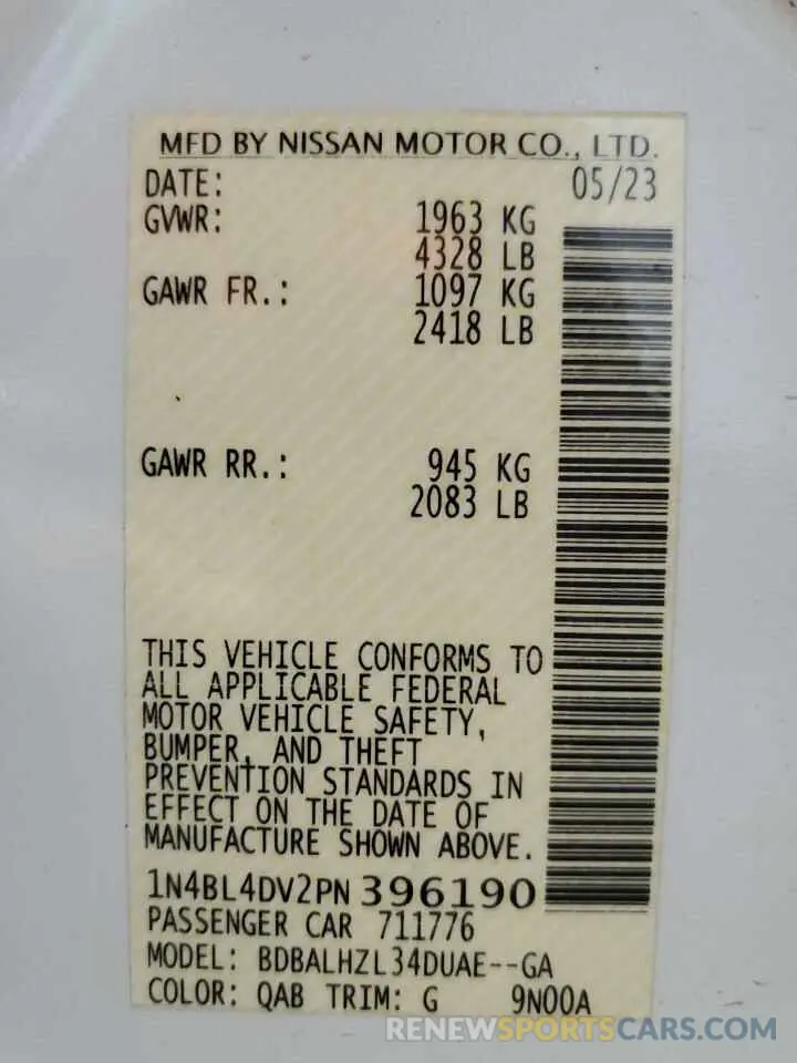 12 Photograph of a damaged car 1N4BL4DV2PN396190 NISSAN ALTIMA 2023
