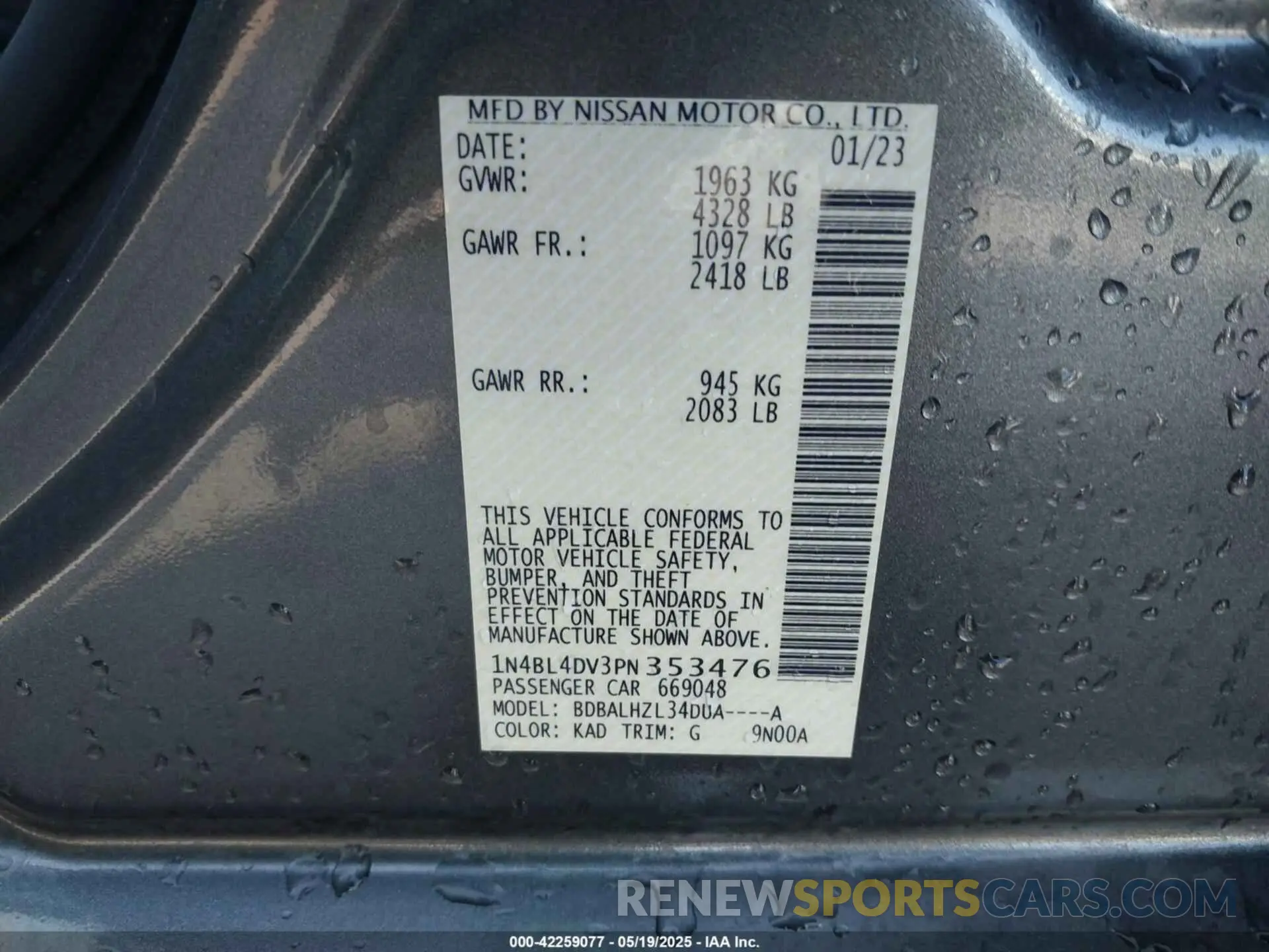9 Photograph of a damaged car 1N4BL4DV3PN353476 NISSAN ALTIMA 2023