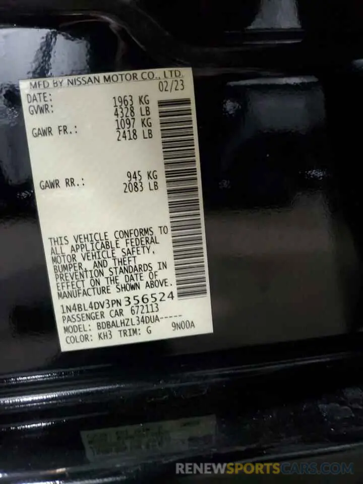 12 Photograph of a damaged car 1N4BL4DV3PN356524 NISSAN ALTIMA 2023