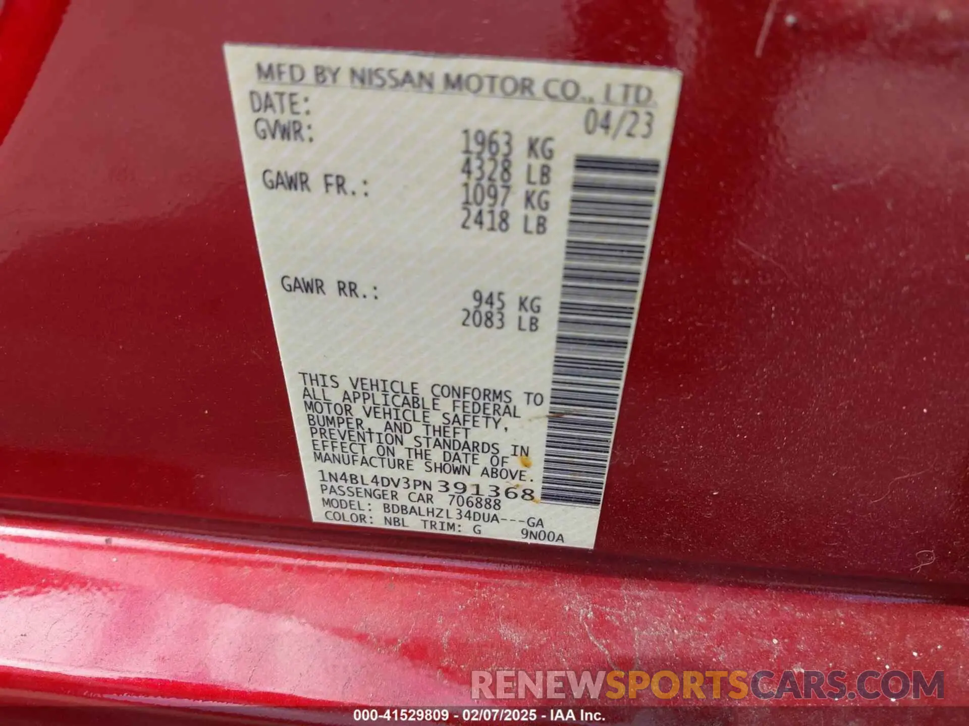 9 Photograph of a damaged car 1N4BL4DV3PN391368 NISSAN ALTIMA 2023