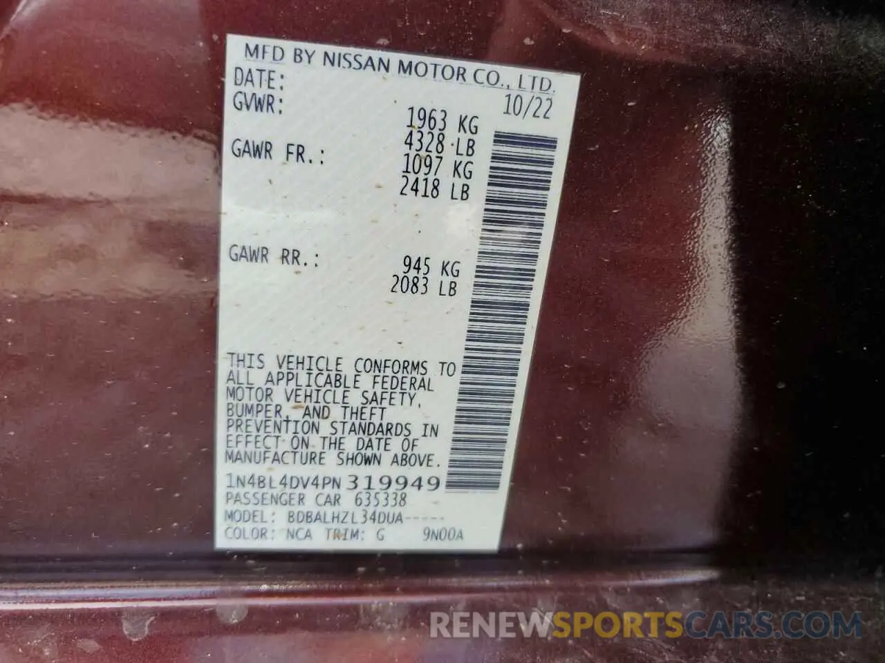 14 Photograph of a damaged car 1N4BL4DV4PN319949 NISSAN ALTIMA 2023