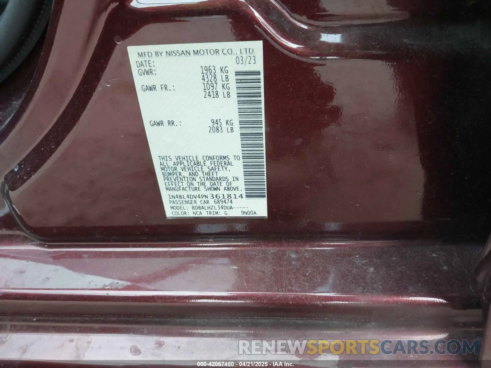 9 Photograph of a damaged car 1N4BL4DV4PN361814 NISSAN ALTIMA 2023