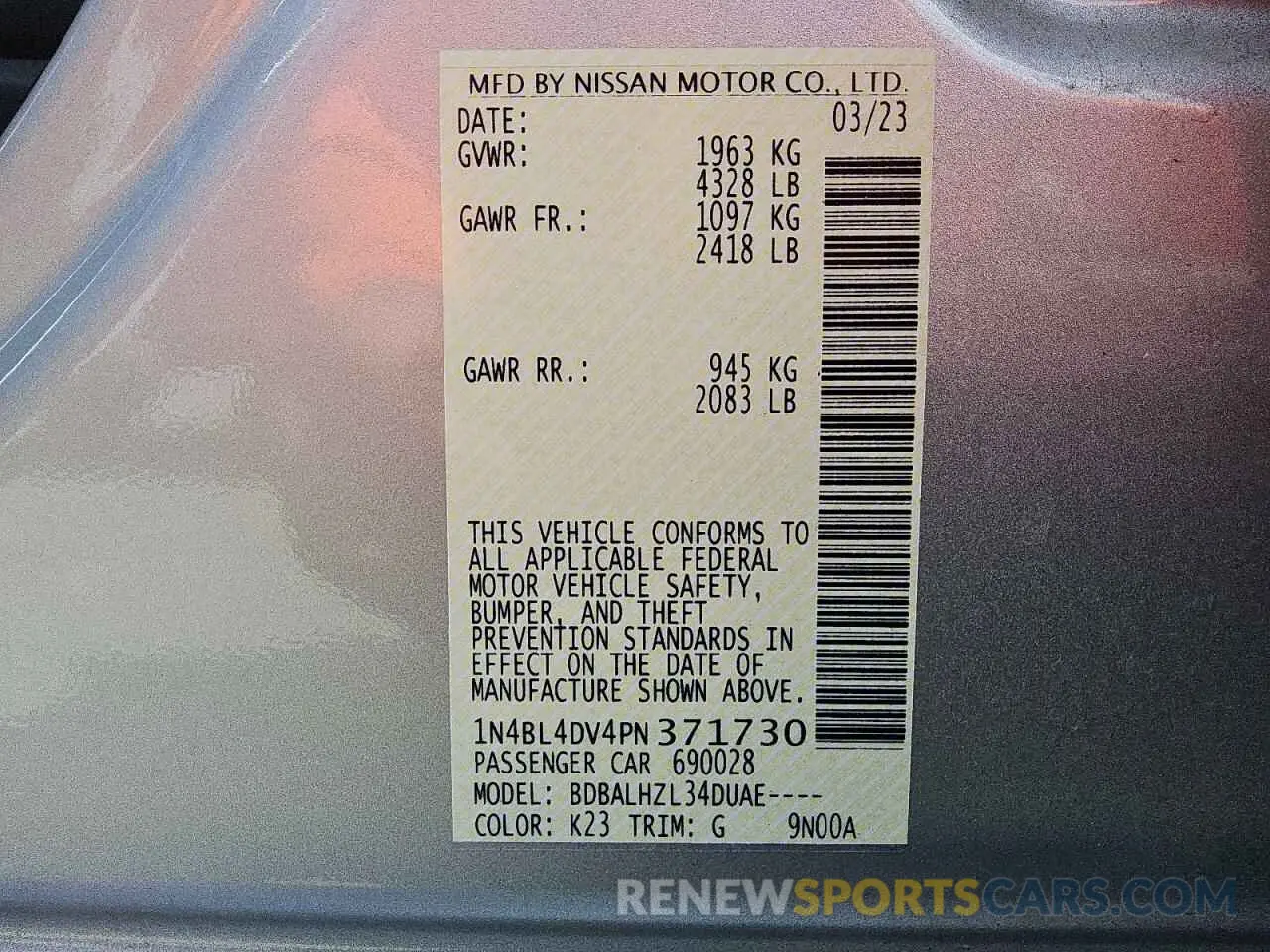 12 Photograph of a damaged car 1N4BL4DV4PN371730 NISSAN ALTIMA 2023