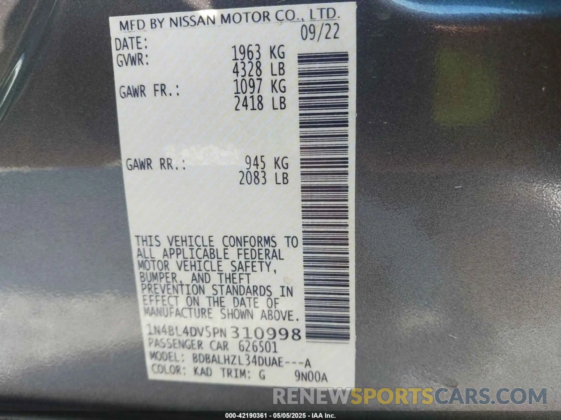 9 Photograph of a damaged car 1N4BL4DV5PN310998 NISSAN ALTIMA 2023