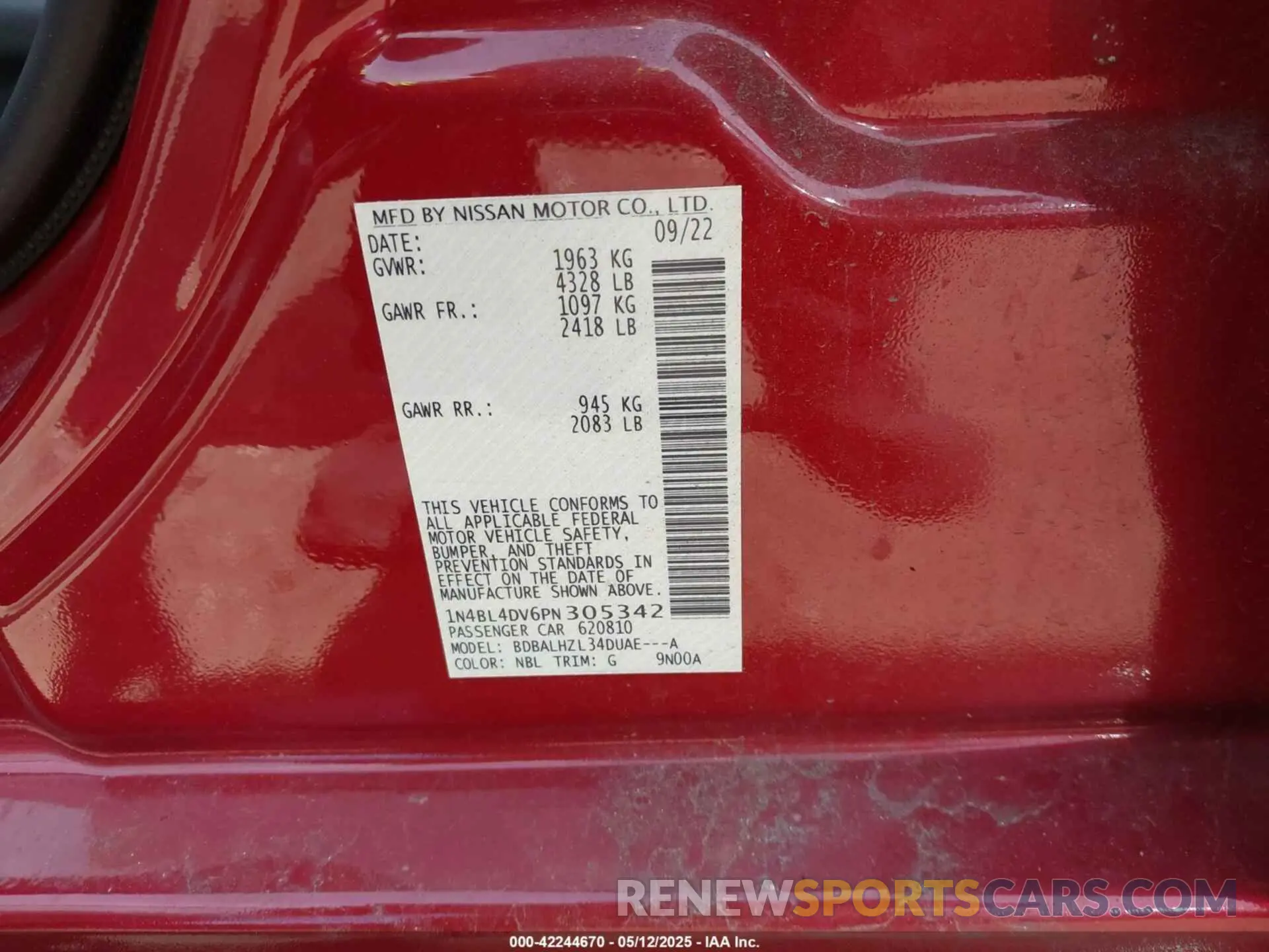 9 Photograph of a damaged car 1N4BL4DV6PN305342 NISSAN ALTIMA 2023