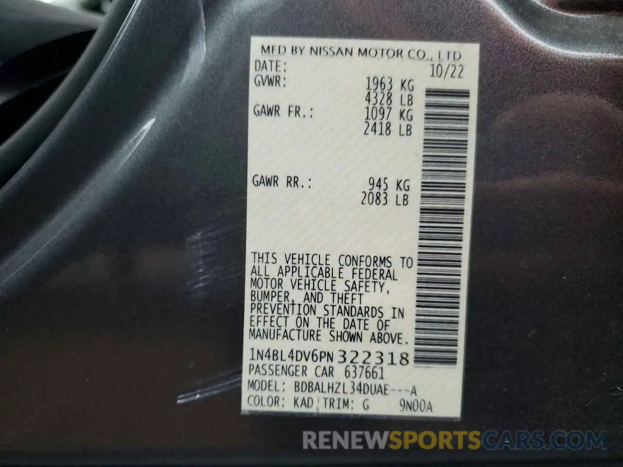 12 Photograph of a damaged car 1N4BL4DV6PN322318 NISSAN ALTIMA 2023