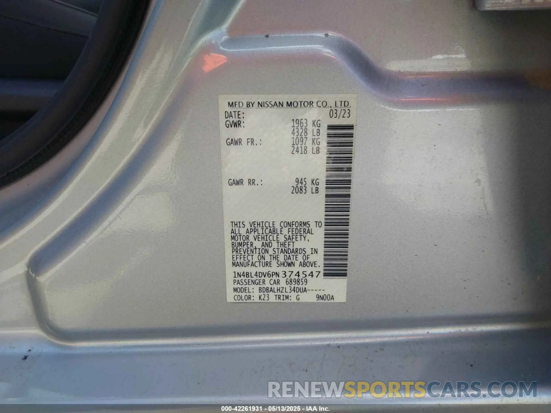9 Photograph of a damaged car 1N4BL4DV6PN374547 NISSAN ALTIMA 2023