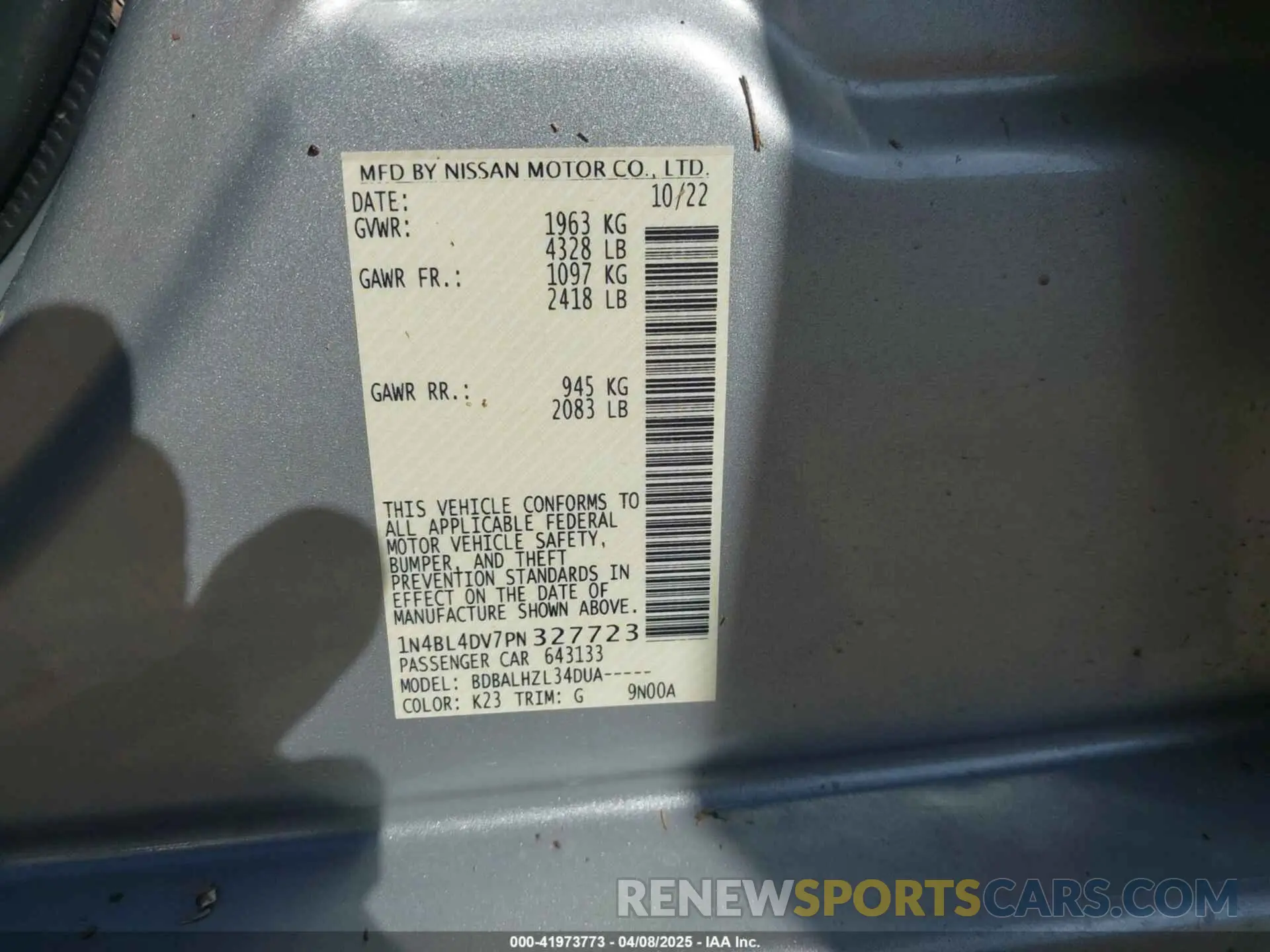 9 Photograph of a damaged car 1N4BL4DV7PN327723 NISSAN ALTIMA 2023