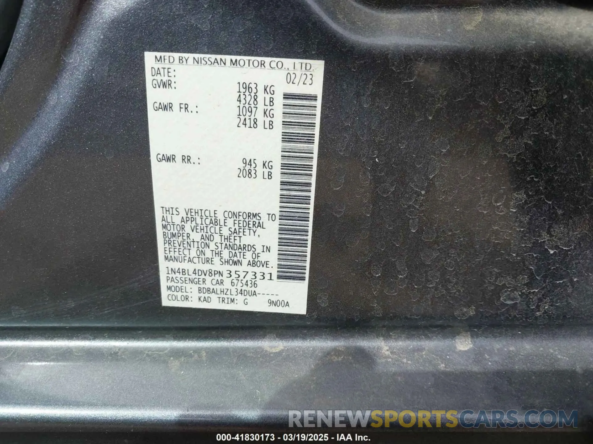 9 Photograph of a damaged car 1N4BL4DV8PN357331 NISSAN ALTIMA 2023