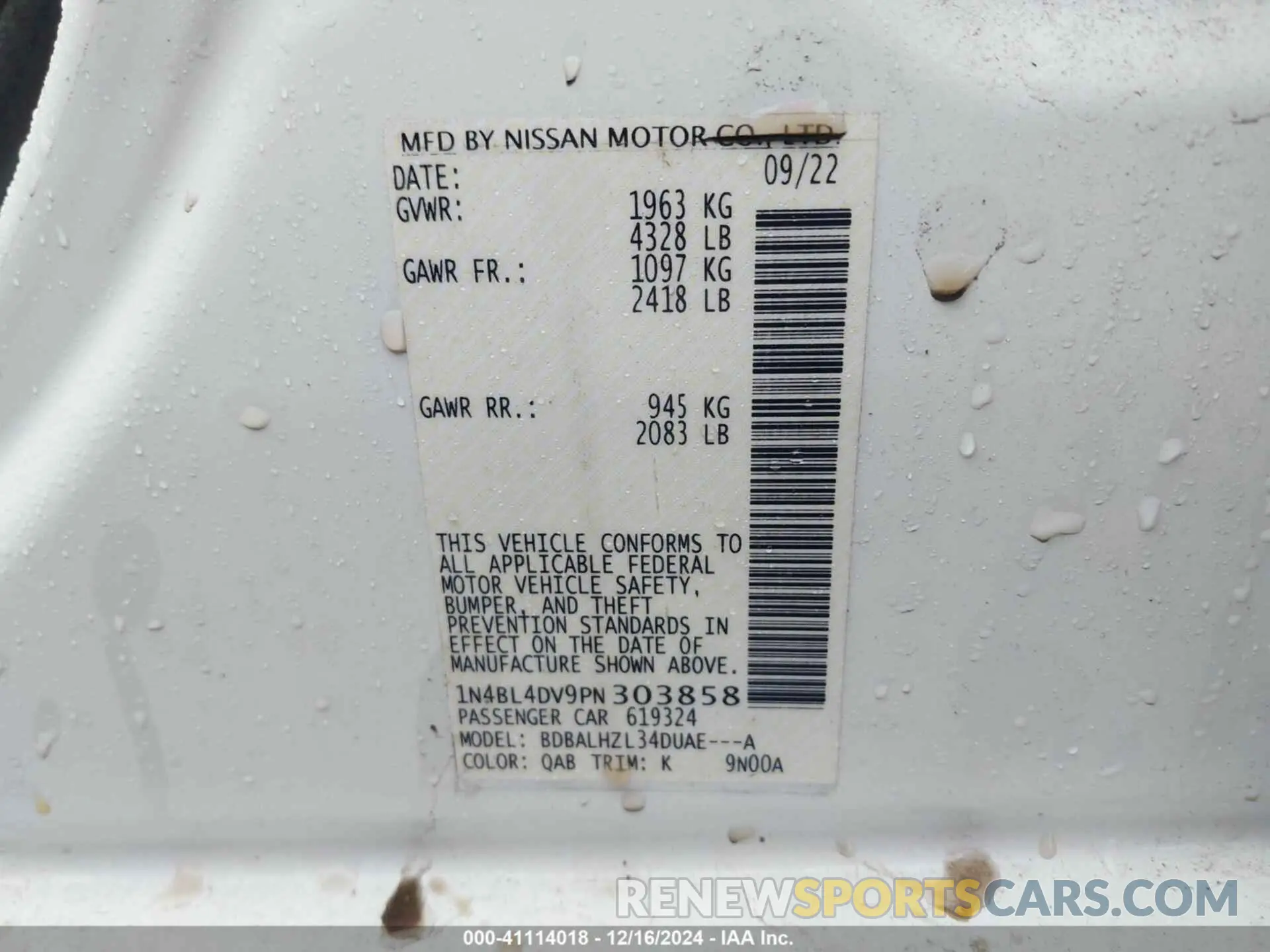 9 Photograph of a damaged car 1N4BL4DV9PN303858 NISSAN ALTIMA 2023