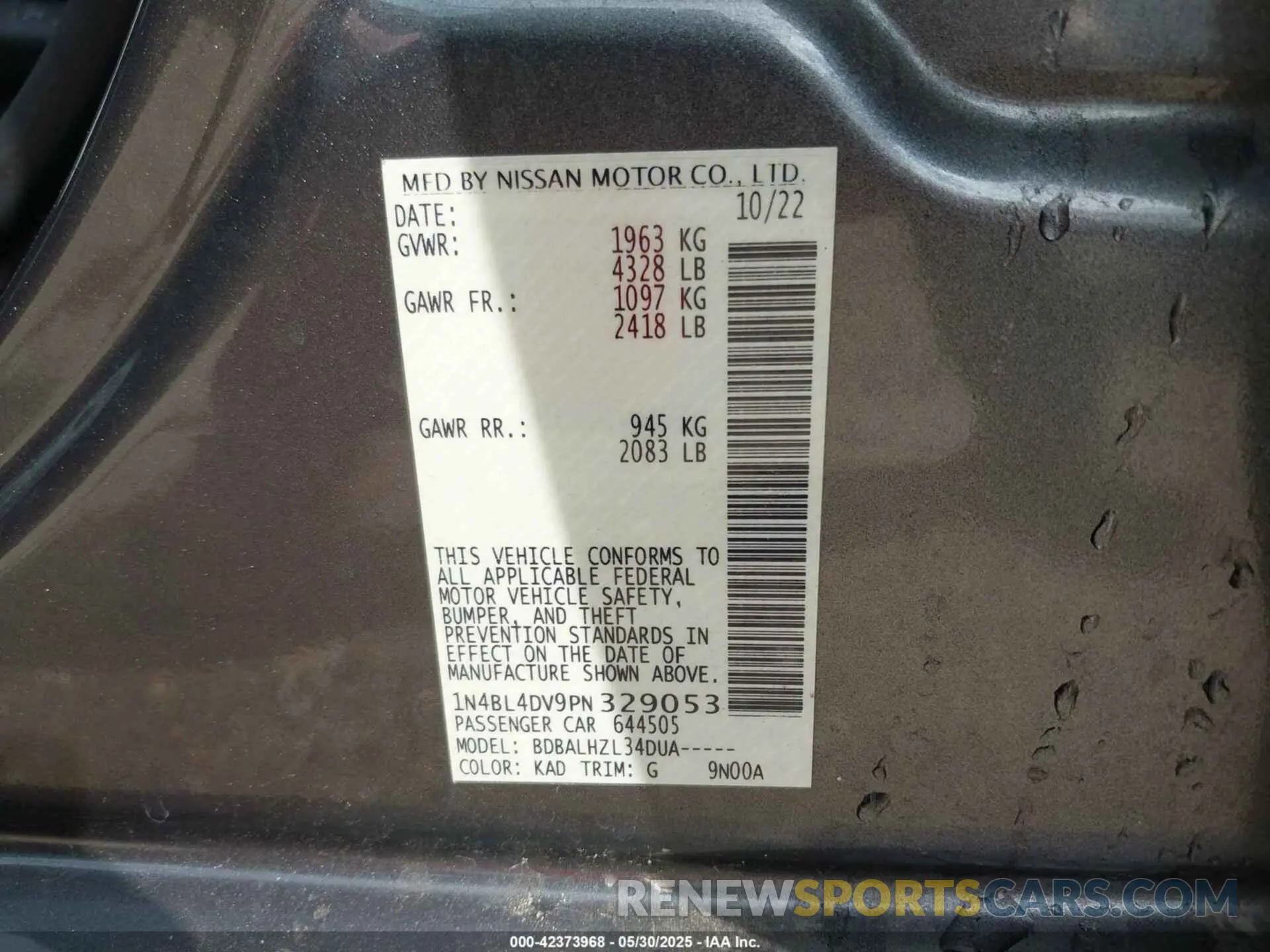 9 Photograph of a damaged car 1N4BL4DV9PN329053 NISSAN ALTIMA 2023