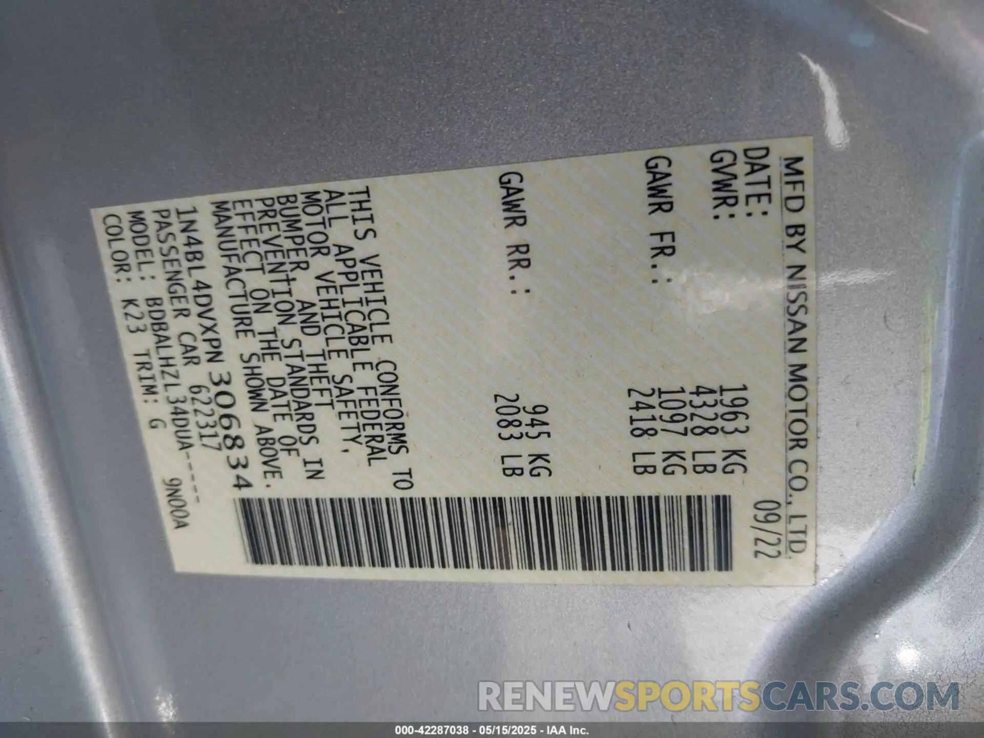 9 Photograph of a damaged car 1N4BL4DVXPN306834 NISSAN ALTIMA 2023