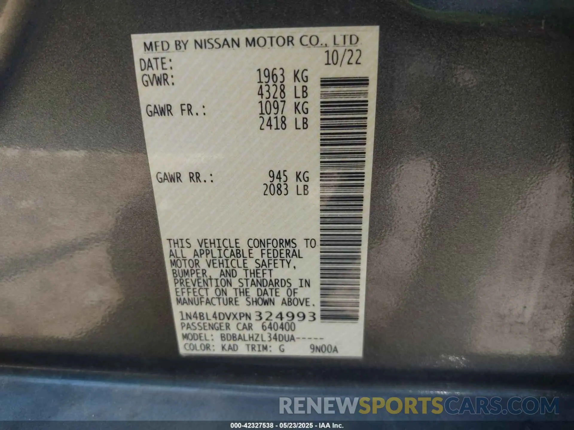 9 Photograph of a damaged car 1N4BL4DVXPN324993 NISSAN ALTIMA 2023