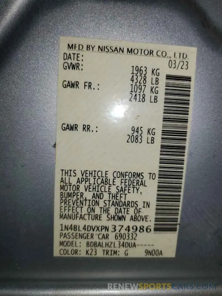 12 Photograph of a damaged car 1N4BL4DVXPN374986 NISSAN ALTIMA 2023