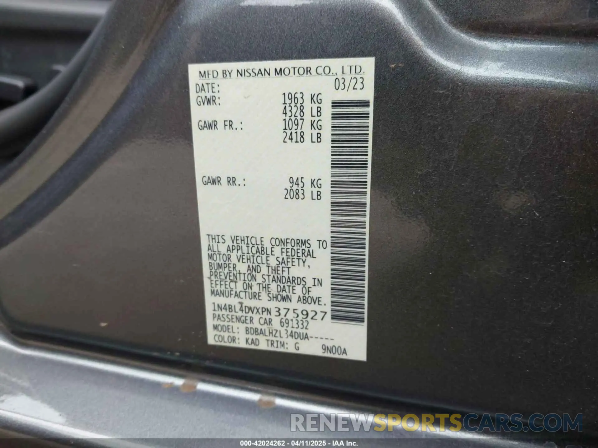 9 Photograph of a damaged car 1N4BL4DVXPN375927 NISSAN ALTIMA 2023