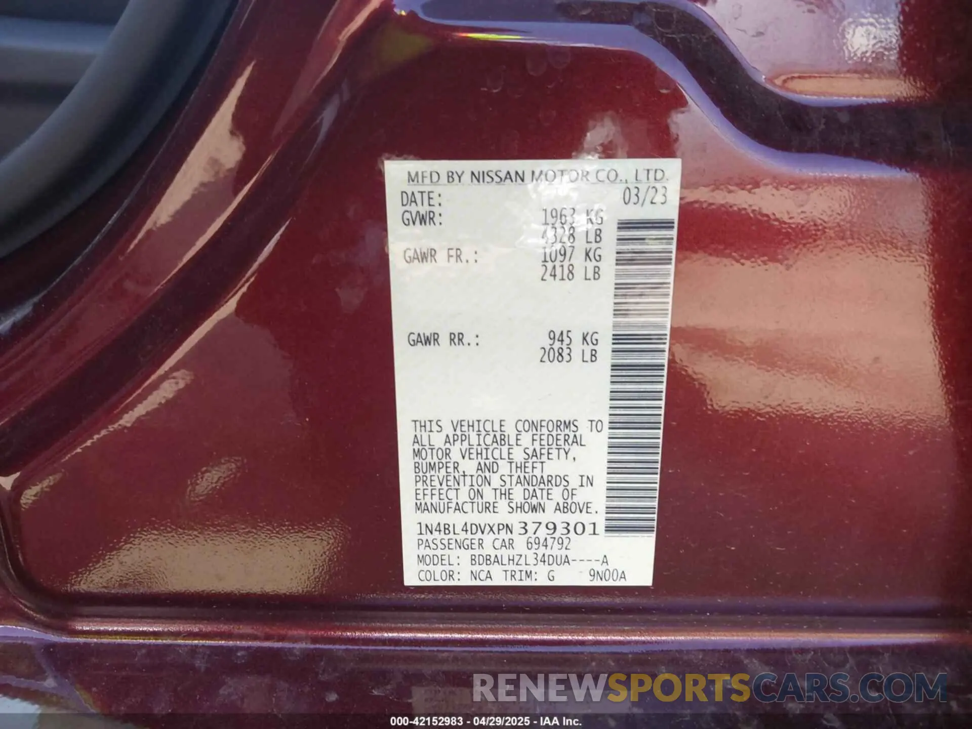 9 Photograph of a damaged car 1N4BL4DVXPN379301 NISSAN ALTIMA 2023