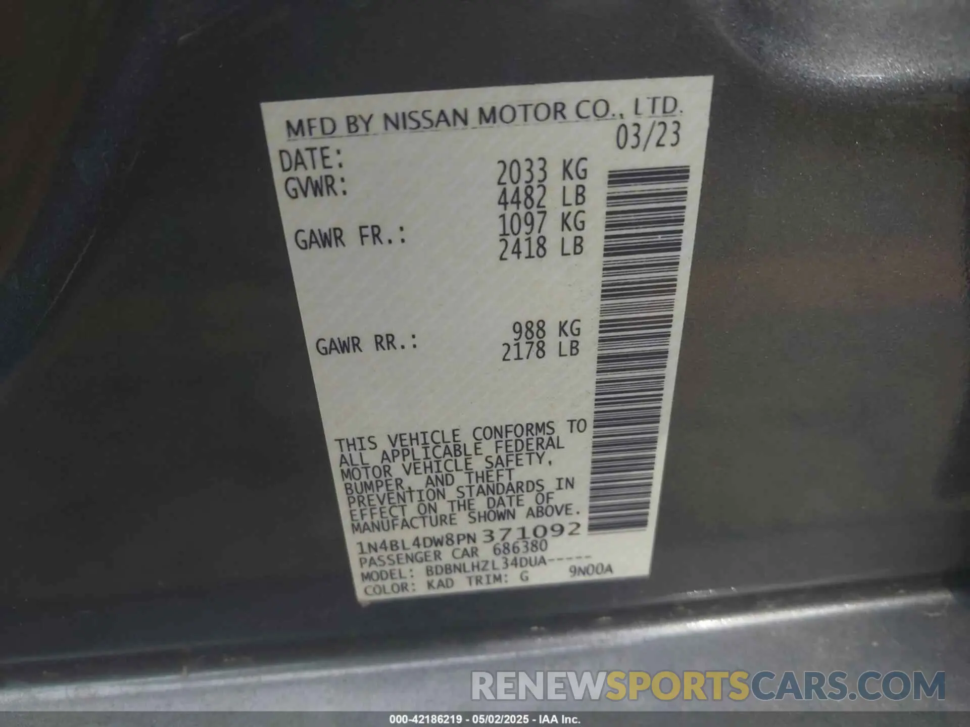 9 Photograph of a damaged car 1N4BL4DW8PN371092 NISSAN ALTIMA 2023
