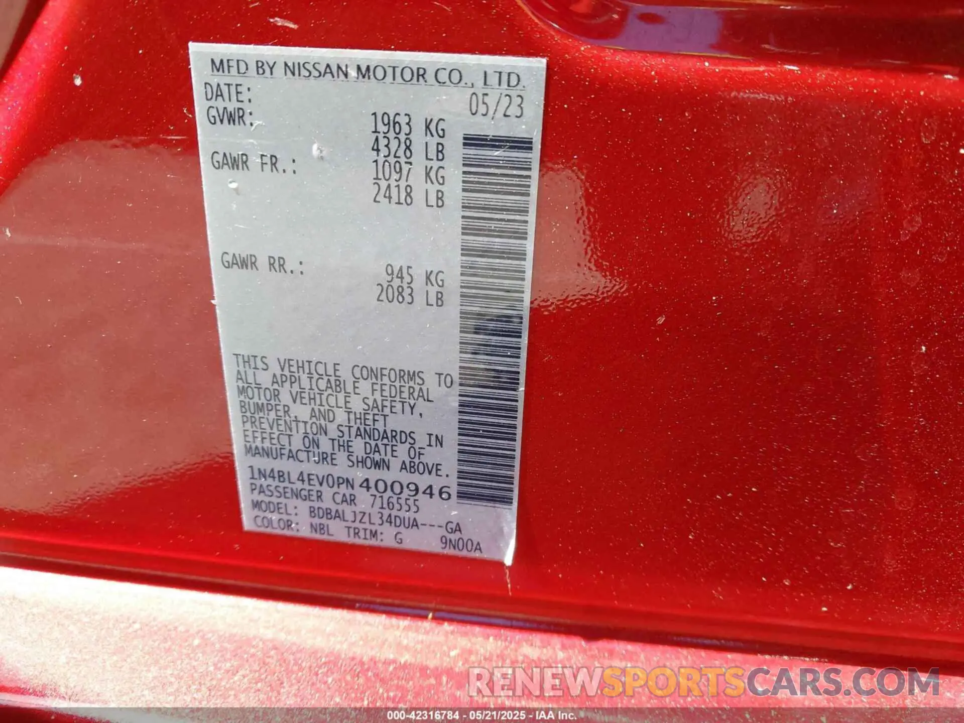 9 Photograph of a damaged car 1N4BL4EV0PN400946 NISSAN ALTIMA 2023